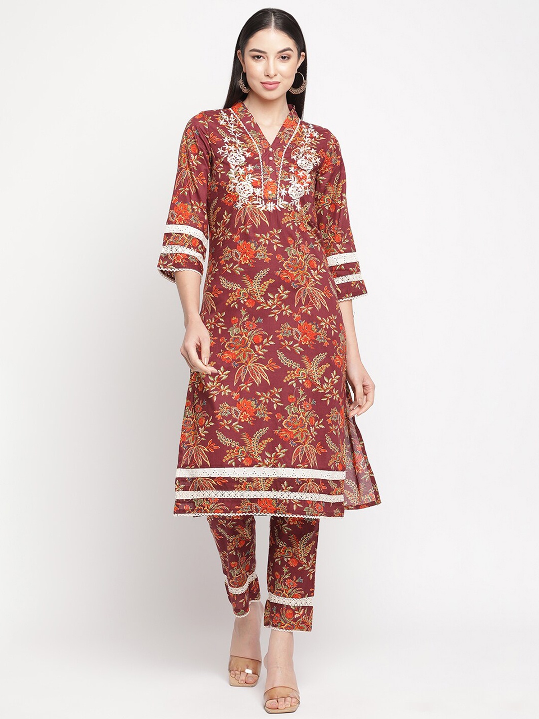 

Be Indi Floral Printed Thread Work Pure Cotton A-line Kurta With Trousers, Maroon