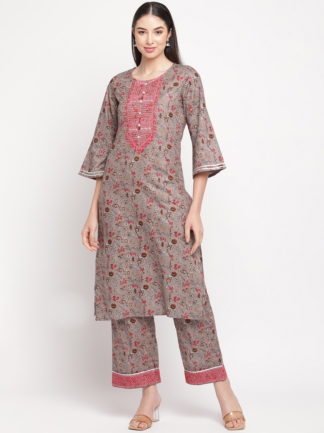 

Be Indi Women Ethnic Motifs Printed Straight Kurta Set with Trouser, Grey