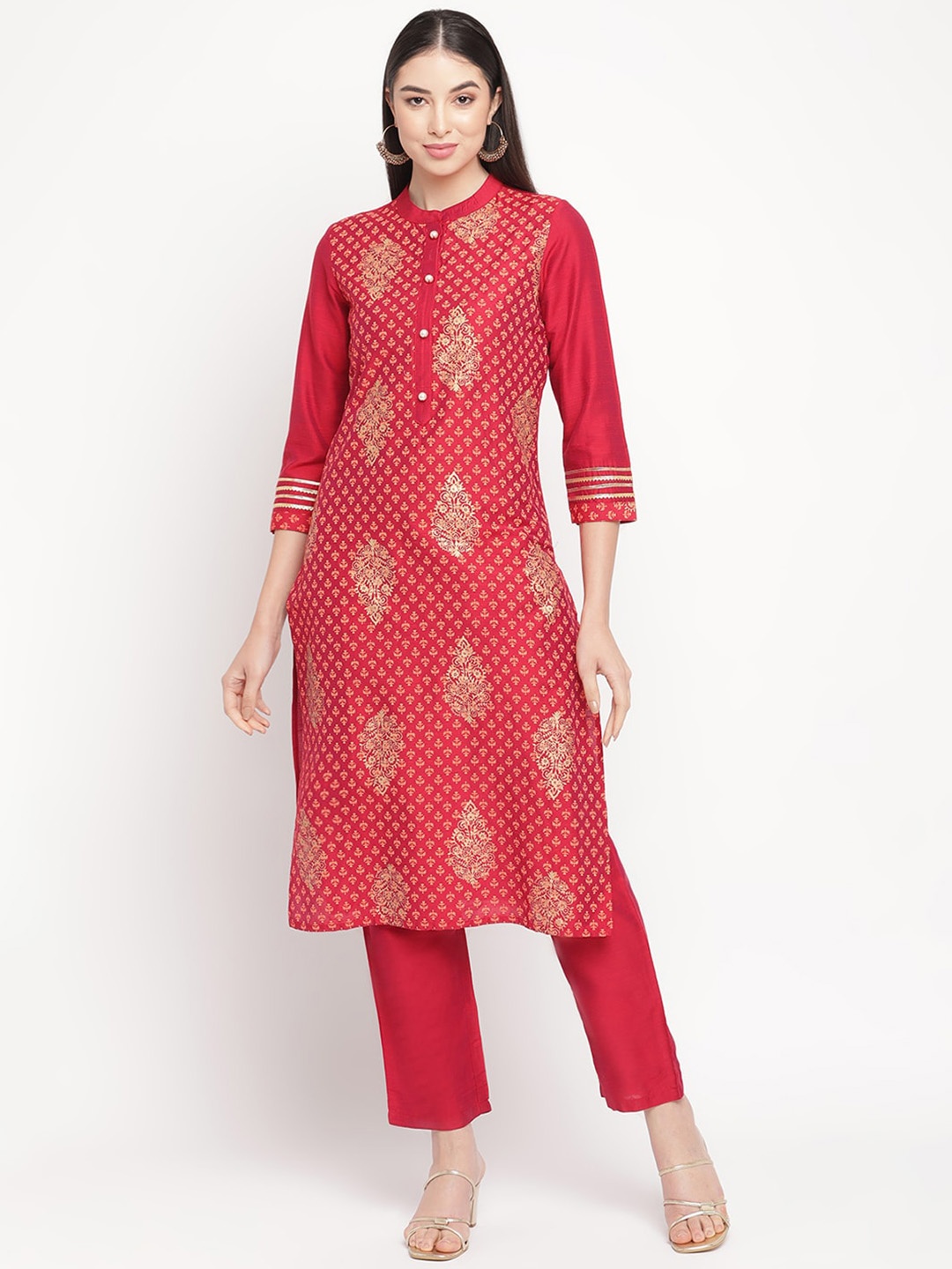 

Be Indi Ethnic Motifs Printed Straight Silk Kurta Set with Trouser, Maroon