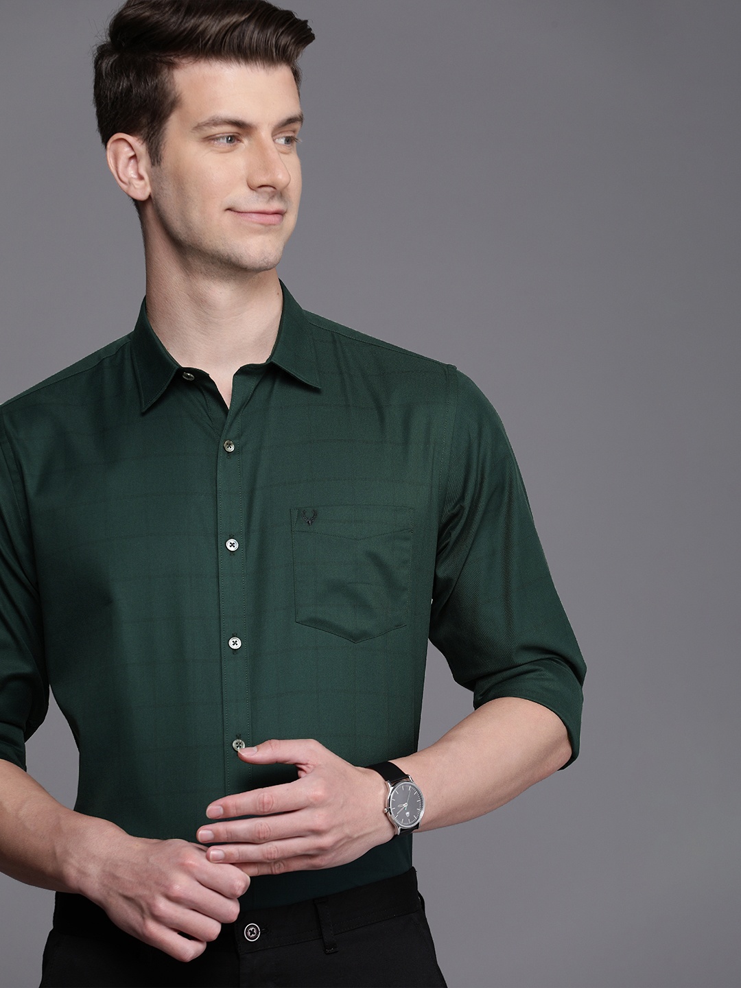 

Allen Solly Pure Cotton Classic Windowpane Checked Semiformal Shirt, Green
