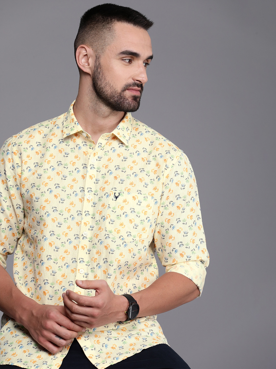 

Allen Solly Men Classic Floral Printed Cotton Linen Shirt, Yellow