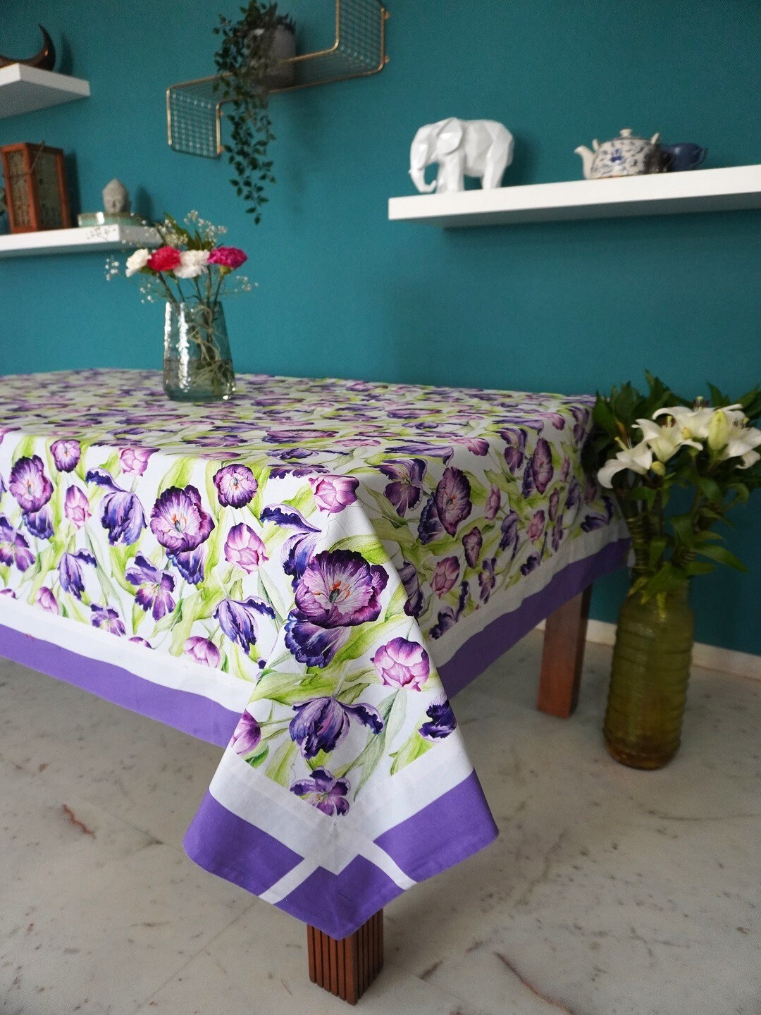 

TARA- Sparkling Homes White & Purple Floral Printed Pure Cotton 6 Seater Table Cover