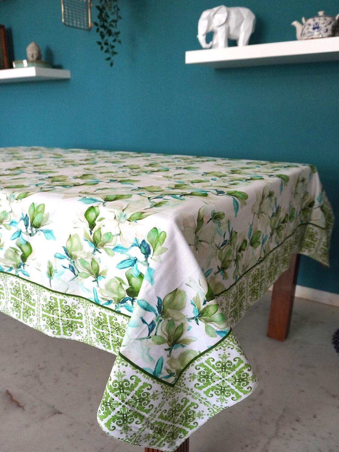 

TARA- Sparkling Homes White & Green Floral Printed Pure Cotton 6 Seater Table Cover