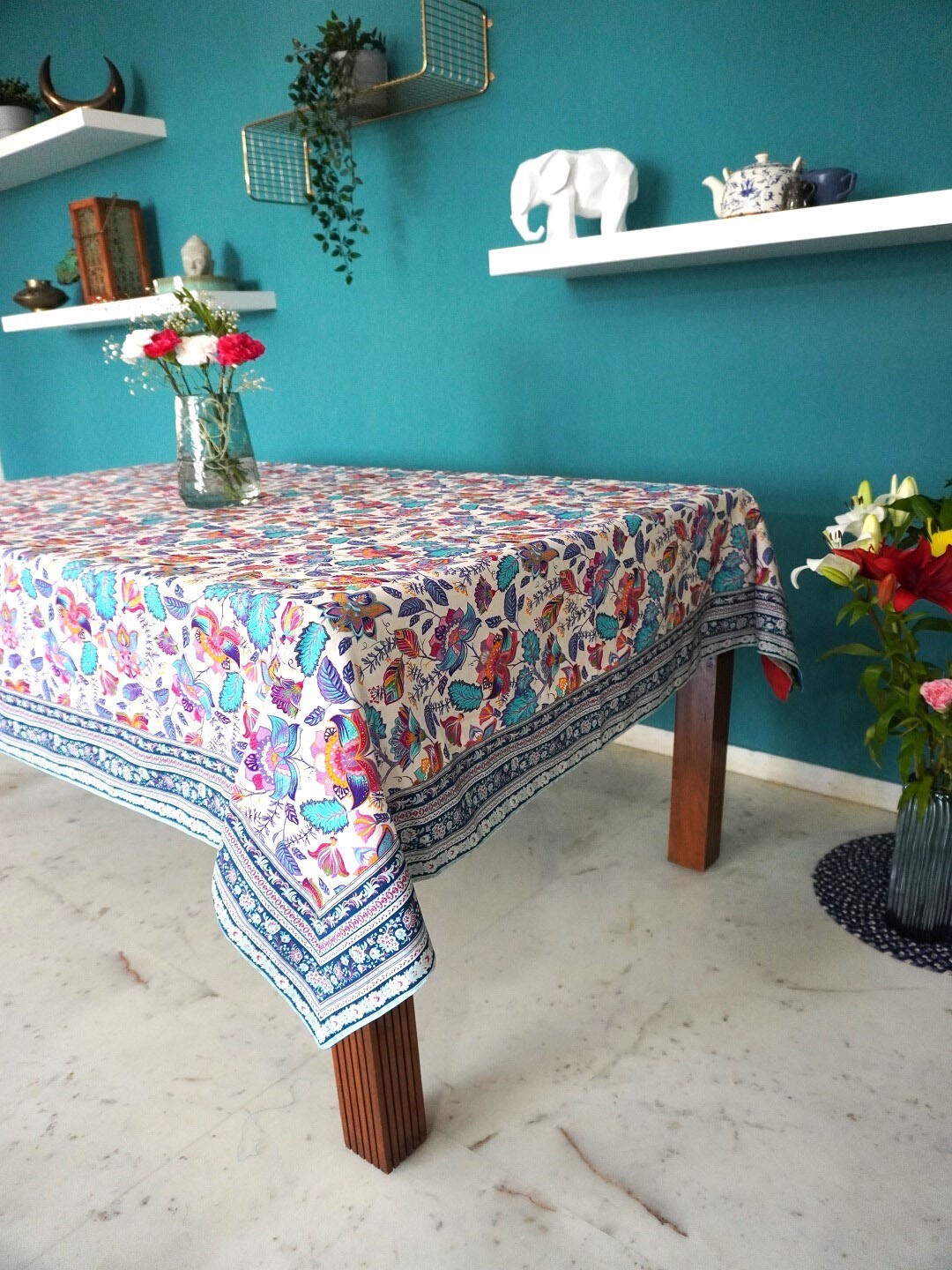 

TARA- Sparkling Homes White & Blue Floral Printed Pure Cotton 4 Seater Table Cover