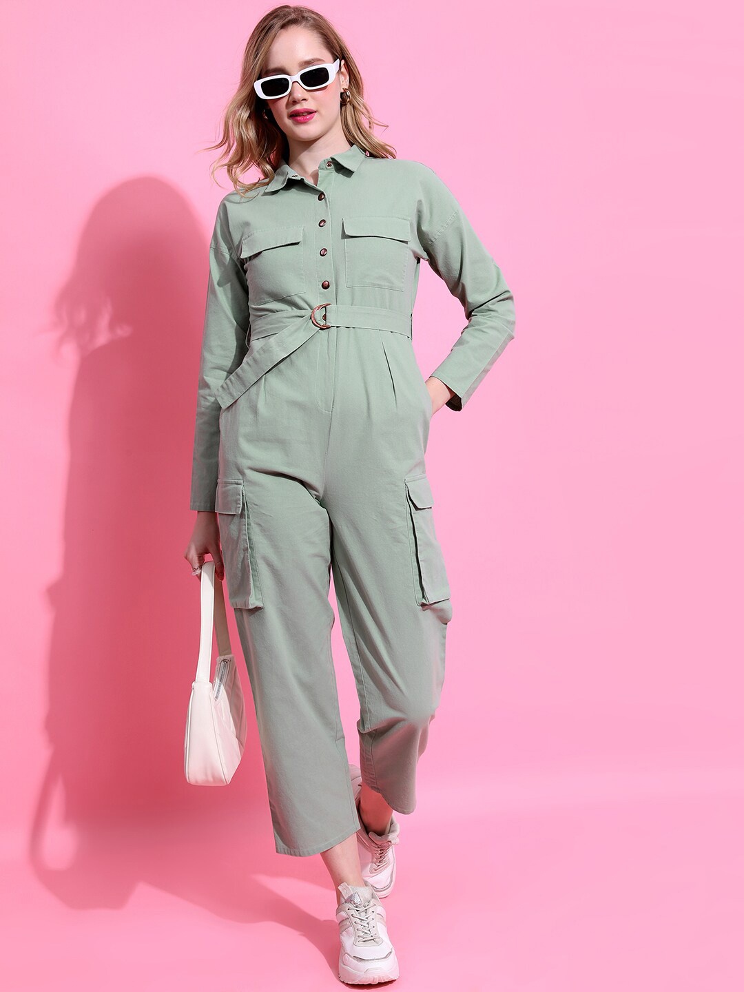 

Tokyo Talkies Green Shirt Collar Cotton Cargo Jumpsuit