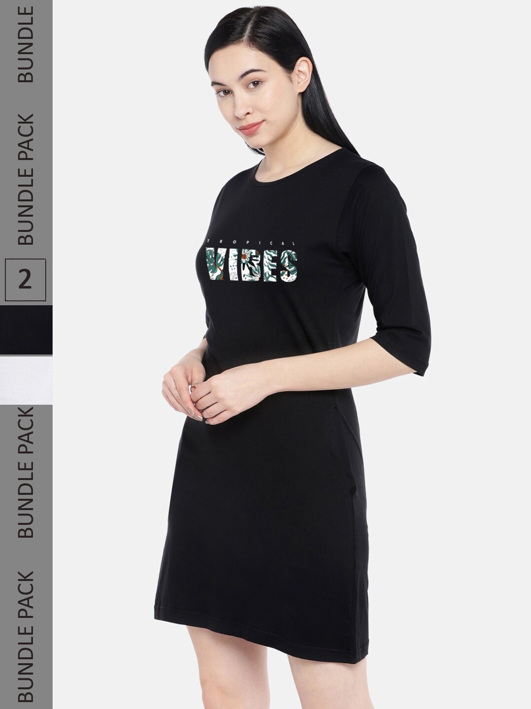 

STATUS MANTRA Pack Of 2 Typography Printed Pure Cotton T-shirt Dress, Black