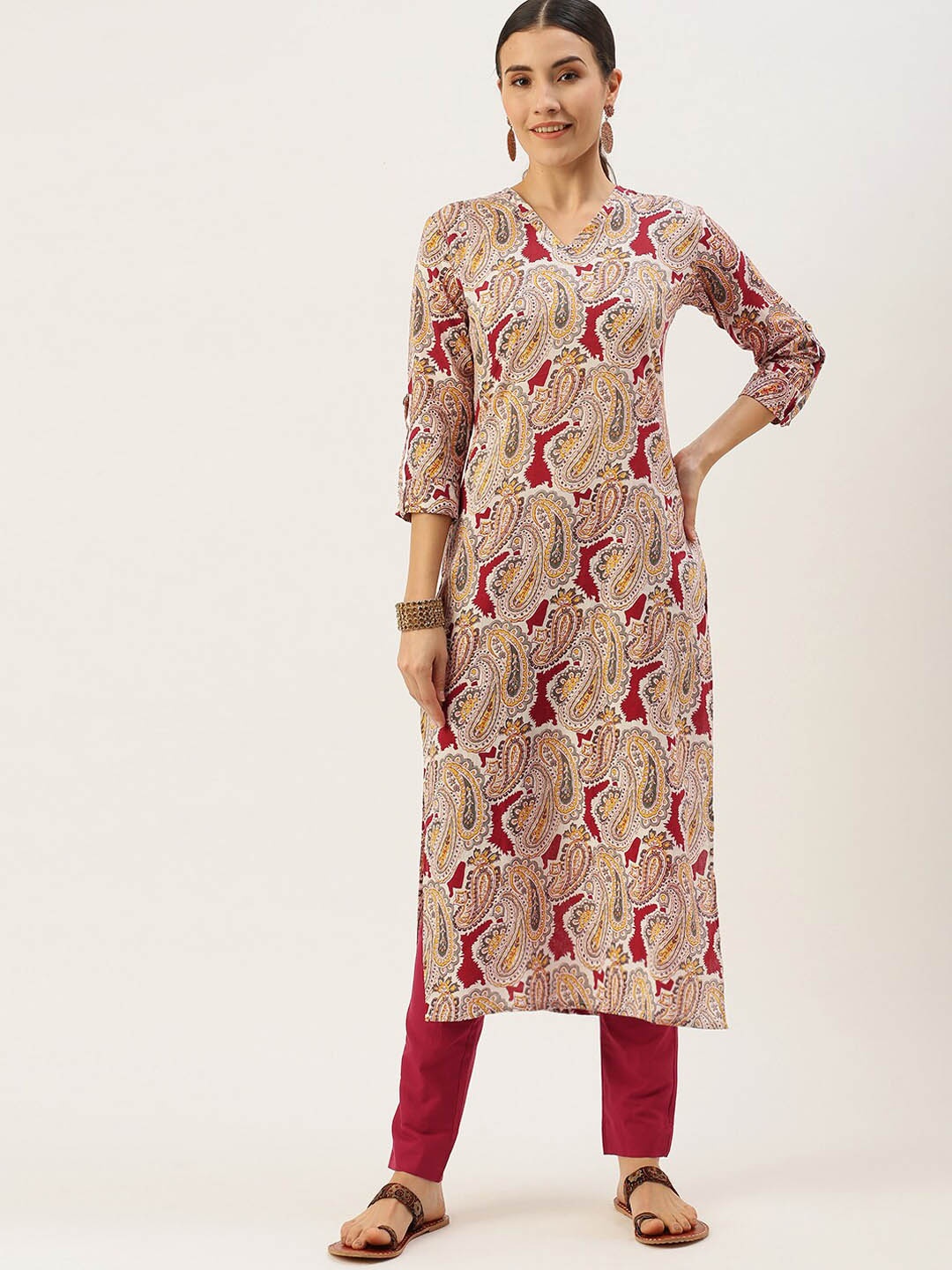

Saanjh White & Maroon Paisley Printed Pure Cotton Kurta With Trousers