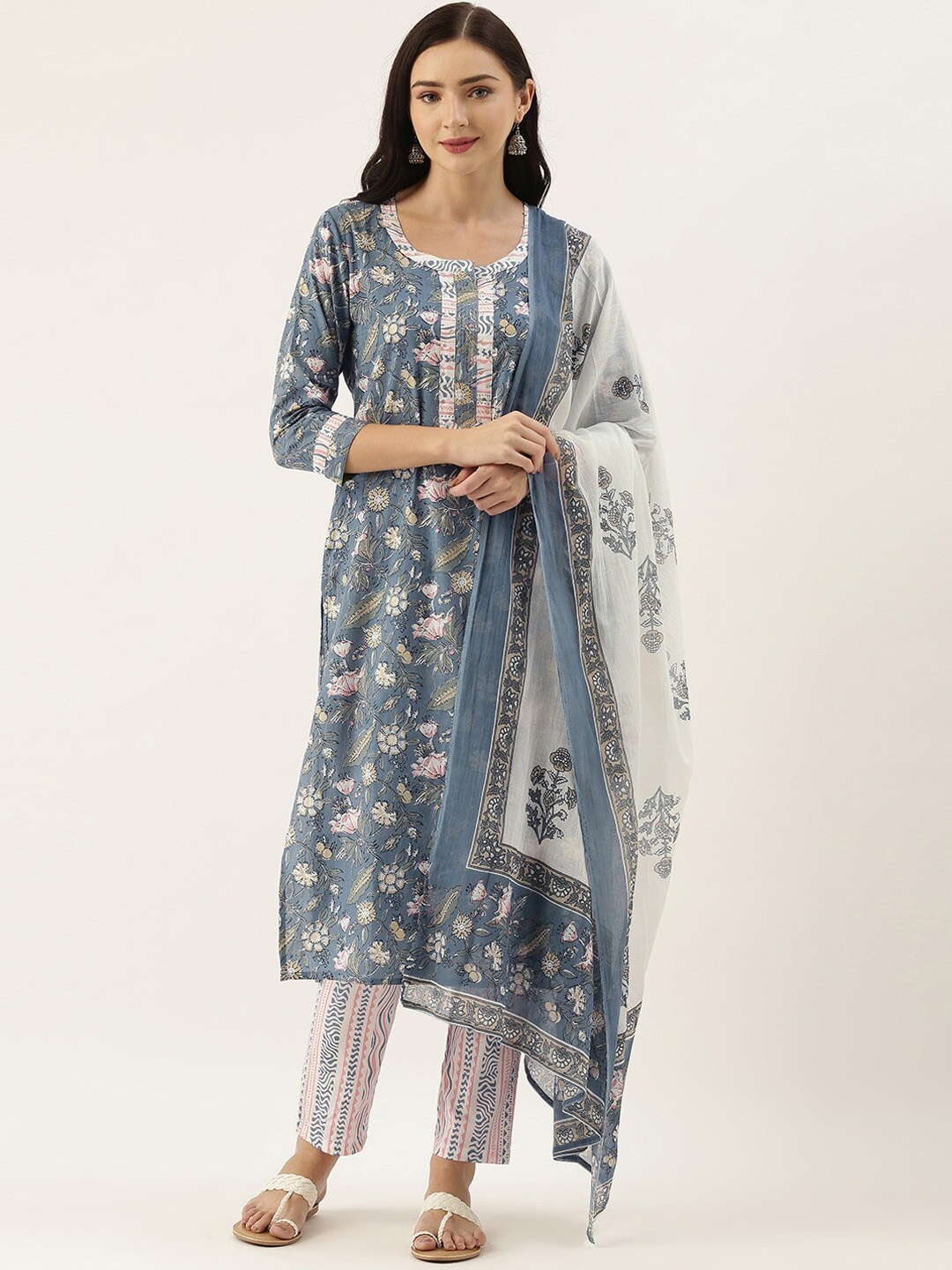 

Saanjh Grey Ethnic Motifs Printed Regular Pure Cotton Kurta With Trousers & Dupatta
