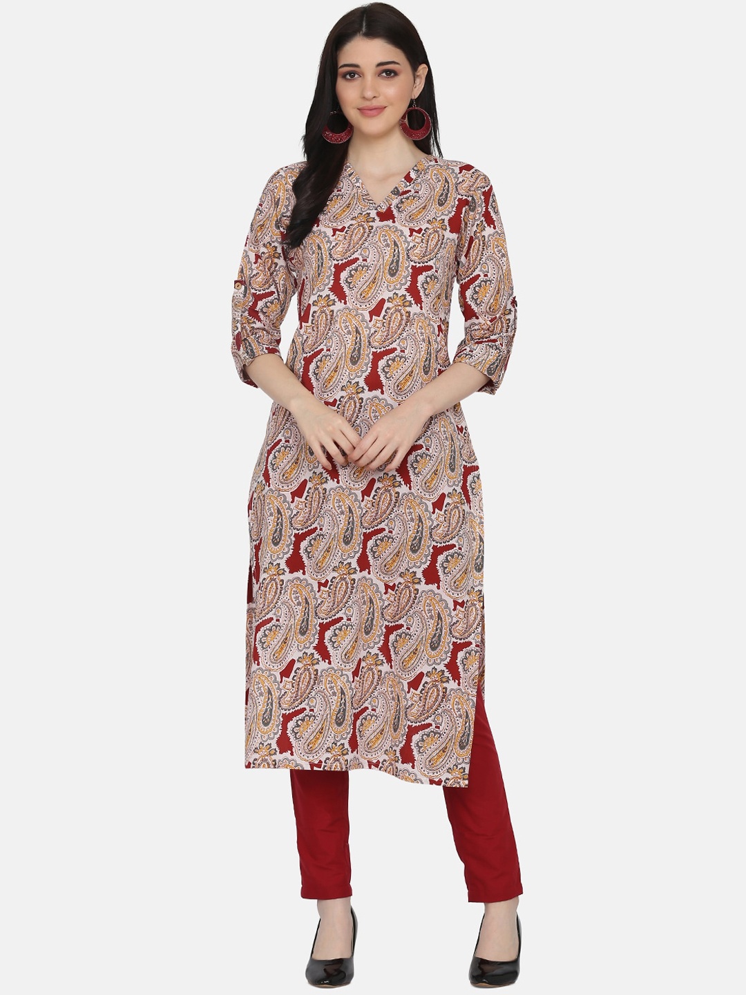 

Saanjh White & Maroon Paisley Printed Pure Cotton Kurta With Trousers
