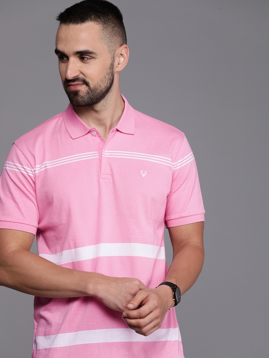 

Allen Solly Men Striped Polo Collar Pure Cotton T-shirt, Pink