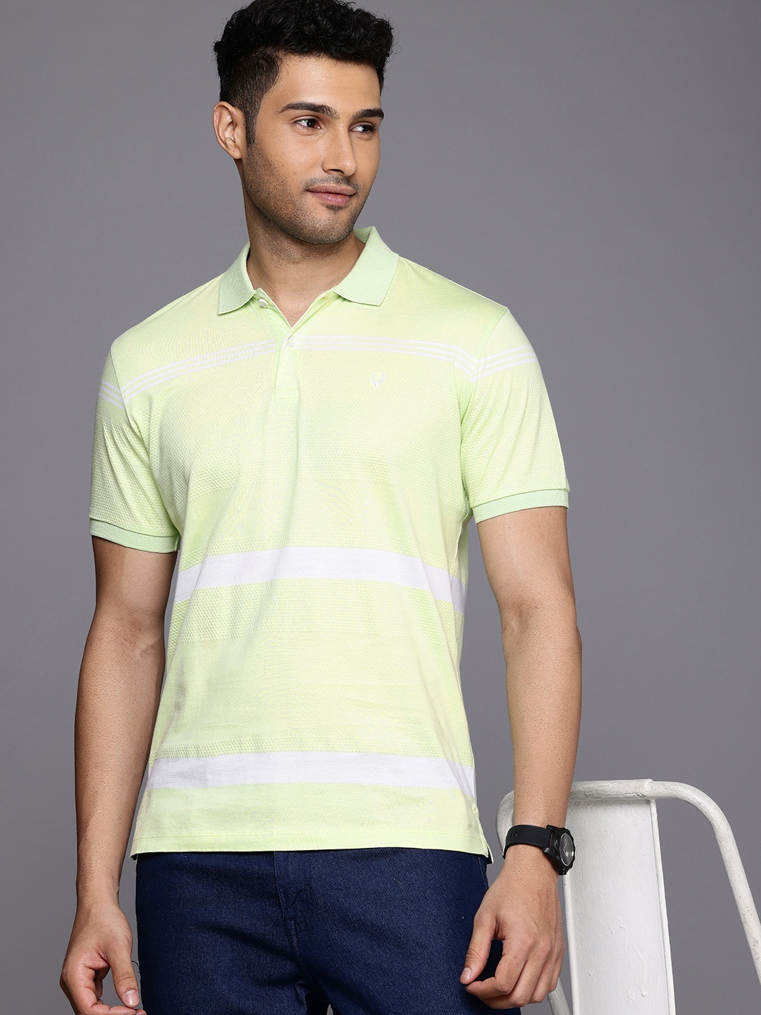 

Allen Solly Pure Cotton Self Design Polo Collar Casual T-shirt, Green