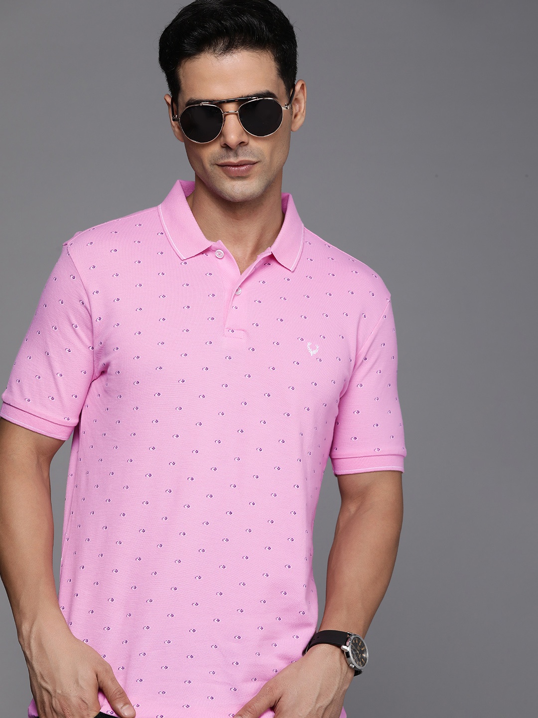 

Allen Solly Pure Cotton Geometric Printed Polo Collar Casual T-shirt, Pink