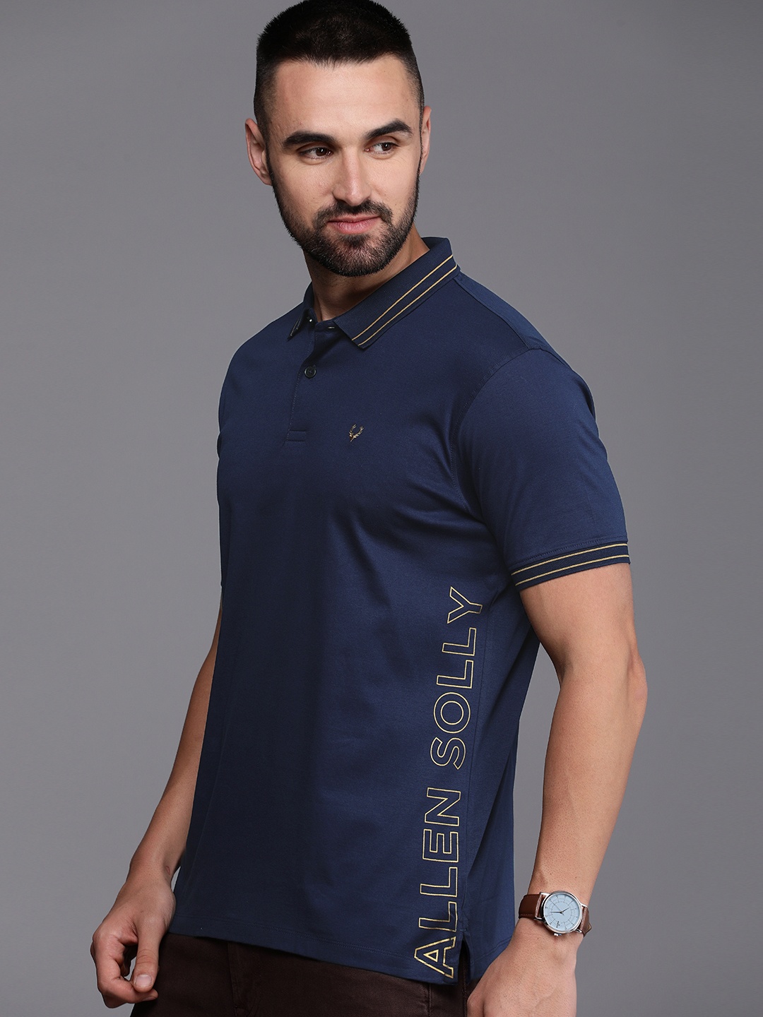 

Allen Solly Men Brand Logo Printed Polo Collar Pure Cotton T-shirt, Navy blue