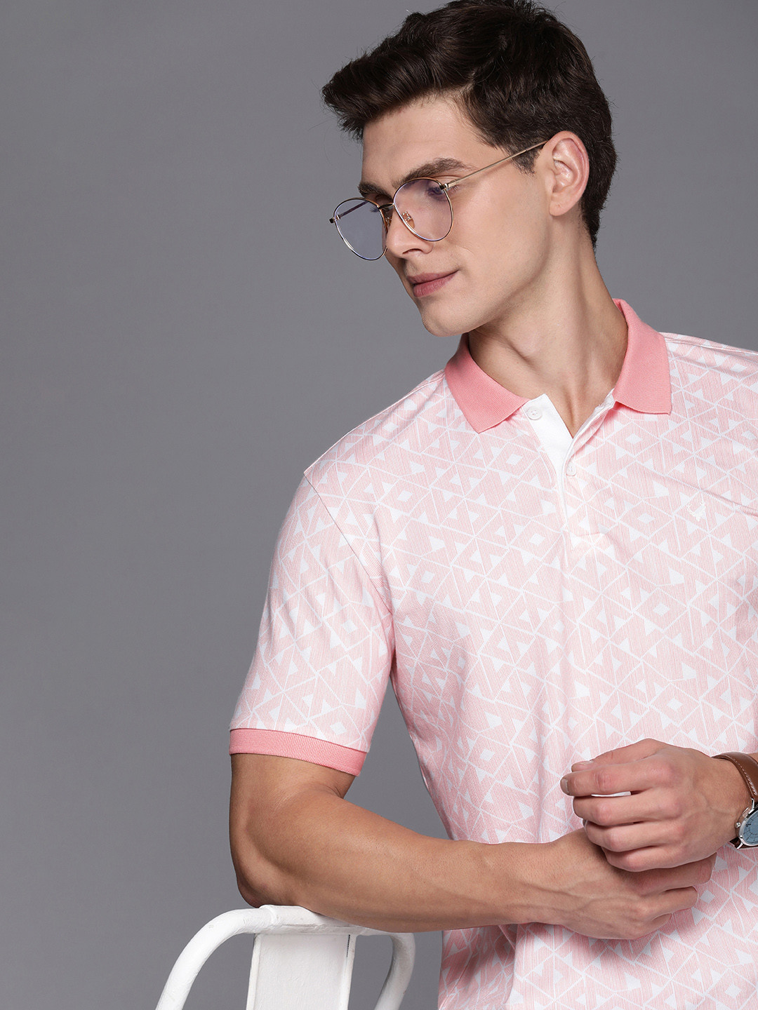 

Allen Solly Men Geometric Printed Polo Collar T-shirt, Peach
