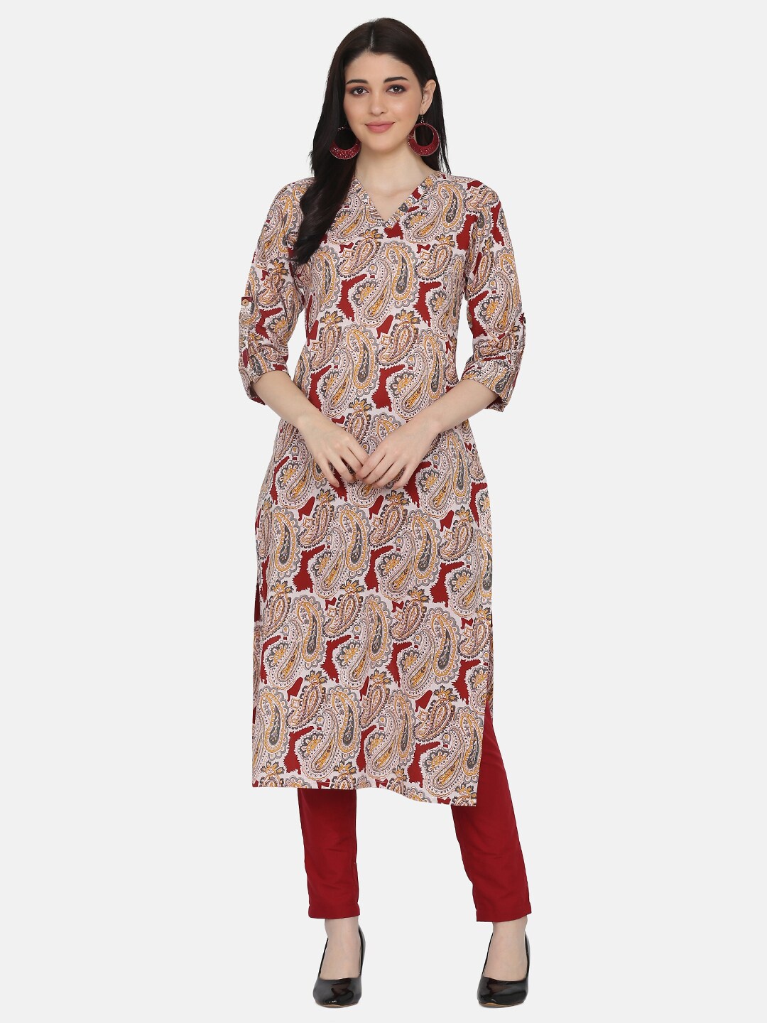 

KALINI Women White Paisley Printed Regular Pure Cotton Kurta with Trousers
