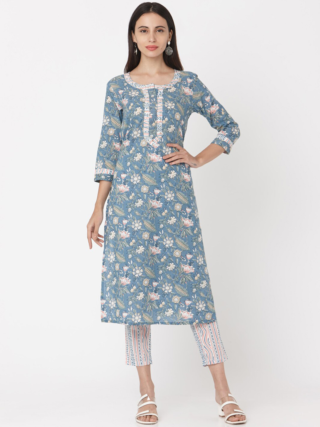 

KALINI Floral Printed Regular Pure Cotton Kurta with Trousers & With Dupatta, Grey