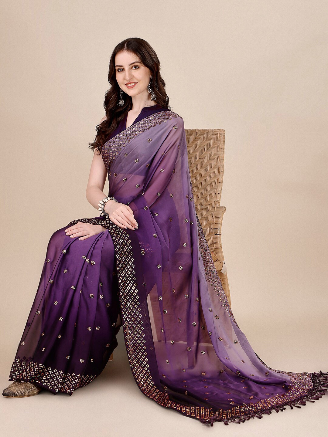 

Mitera Purple Embellished Sequinned Saree