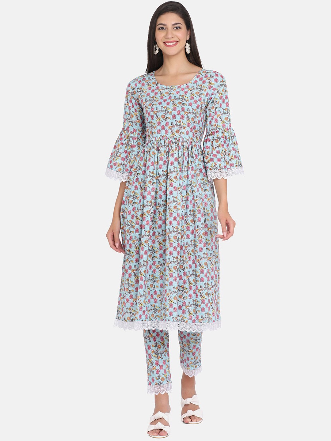

Saanjh Blue Floral Printed Bell Sleeves Pure Cotton Kurta with Trousers
