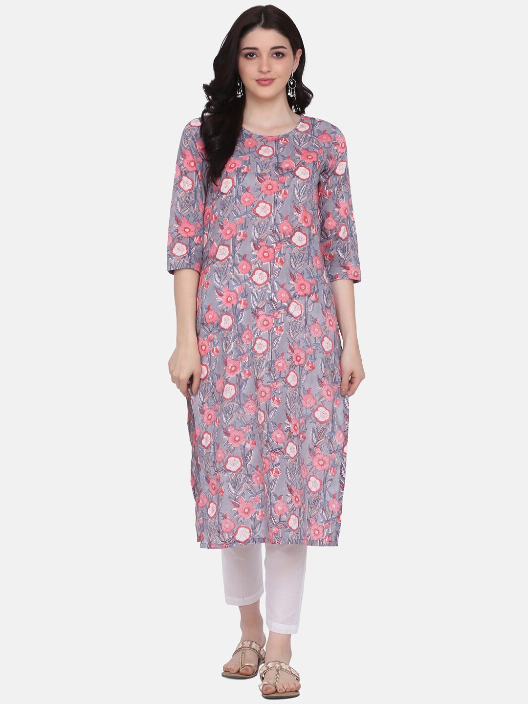 

Saanjh Grey Floral Printed Pure Cotton Kurta with Trousers