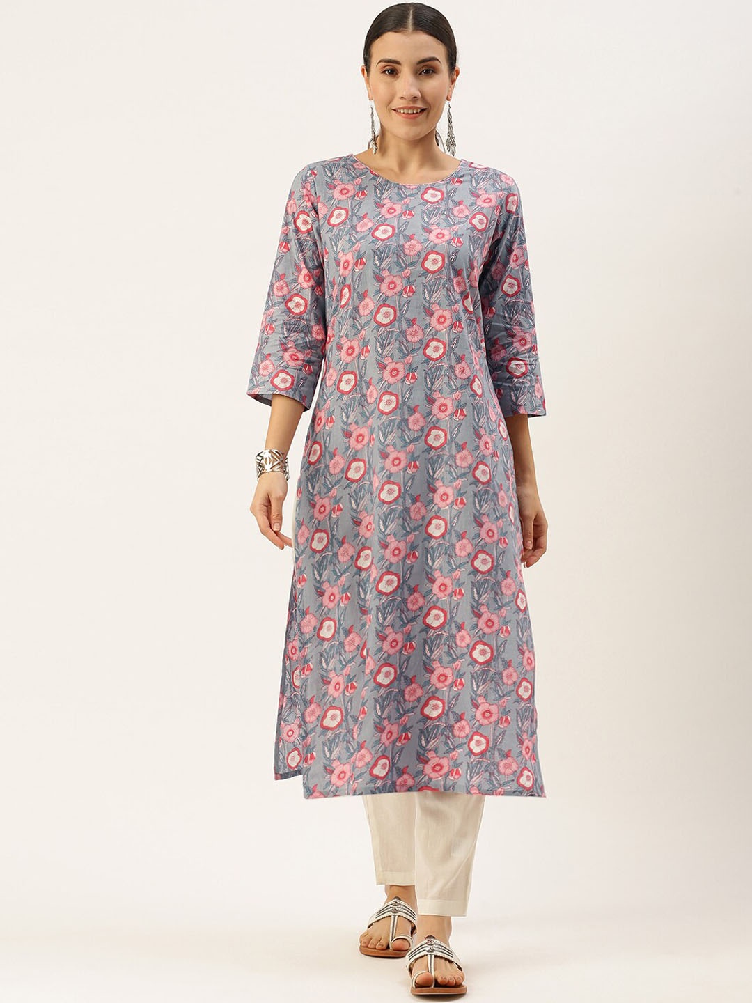 

Saanjh Grey Floral Printed Pure Cotton Kurta with Trousers