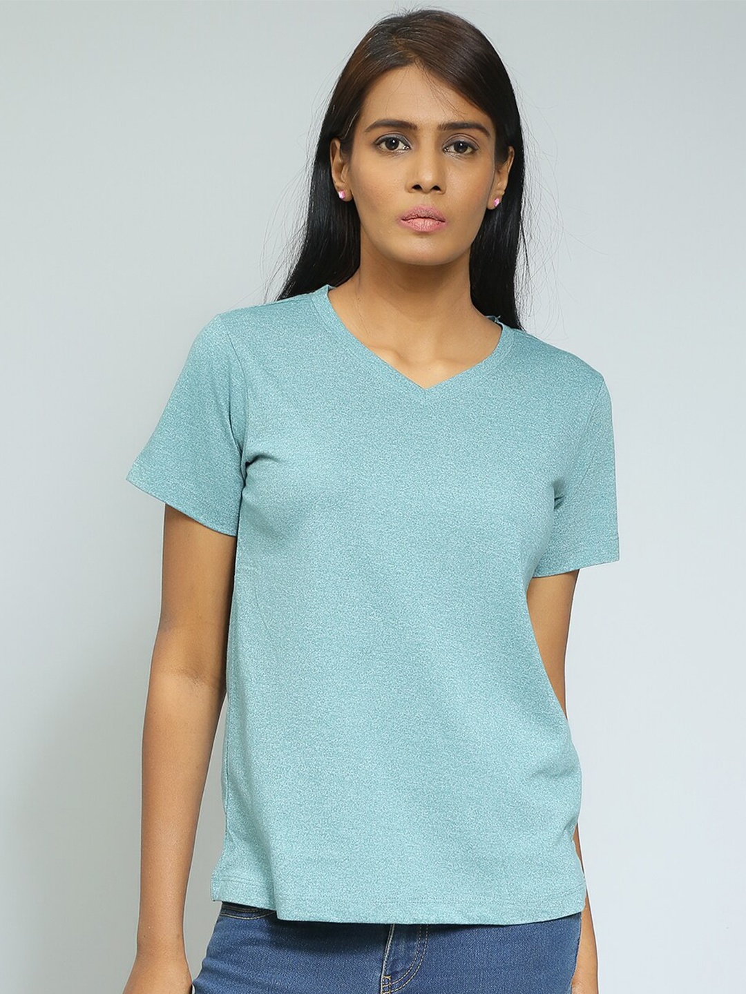 

Mast & Harbour Sea Green V-Neck Pure Cotton T-shirt