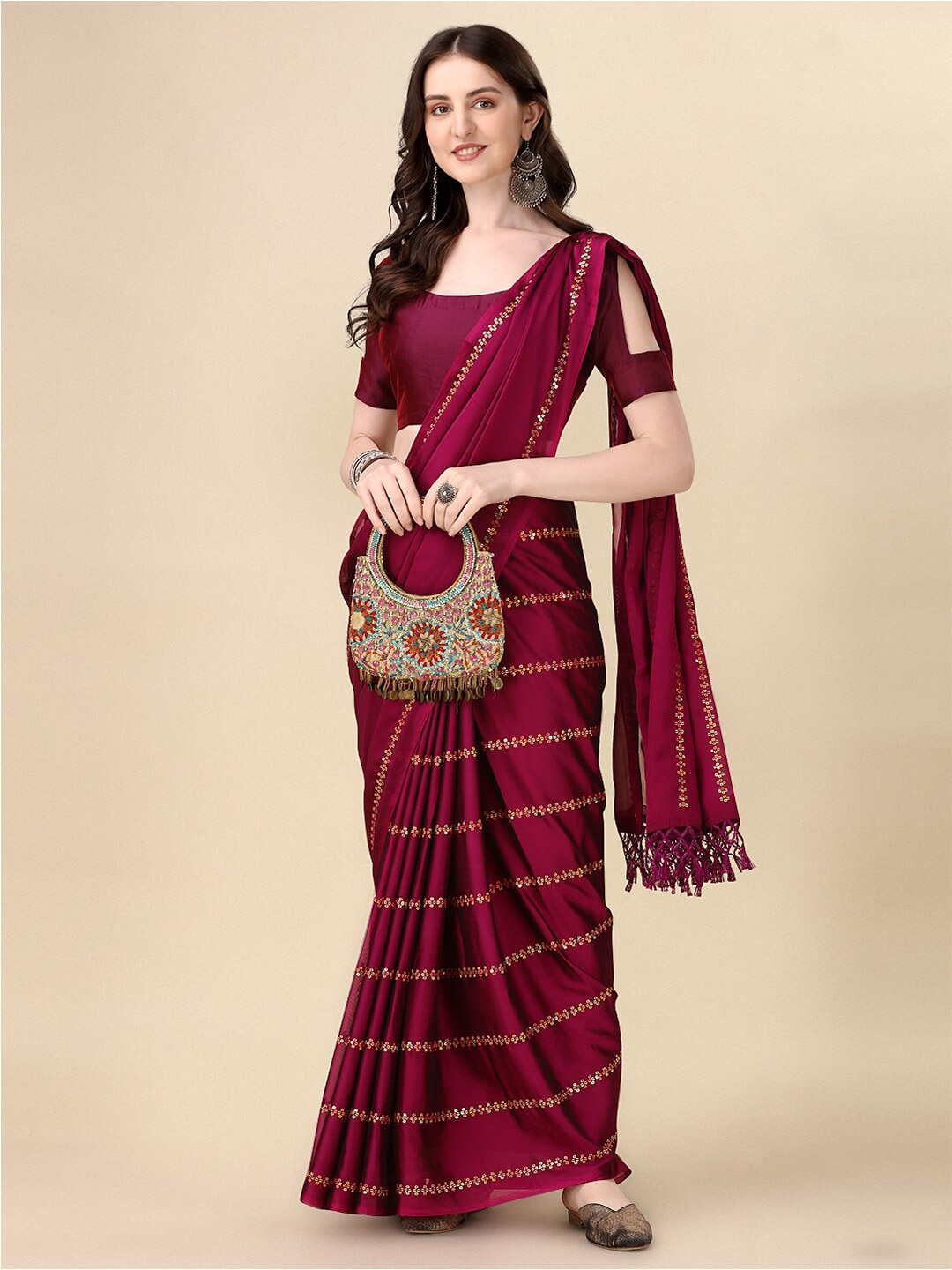 

Mitera Burgundy & Gold-Toned Sequin Embellished Saree