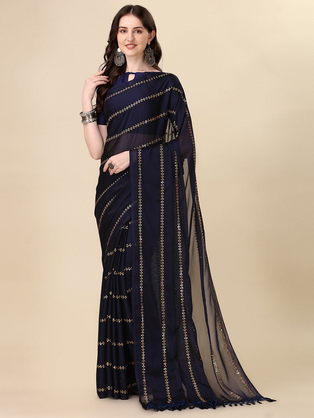 

Mitera Blue & Gold-Toned Embellished Sequinned Saree