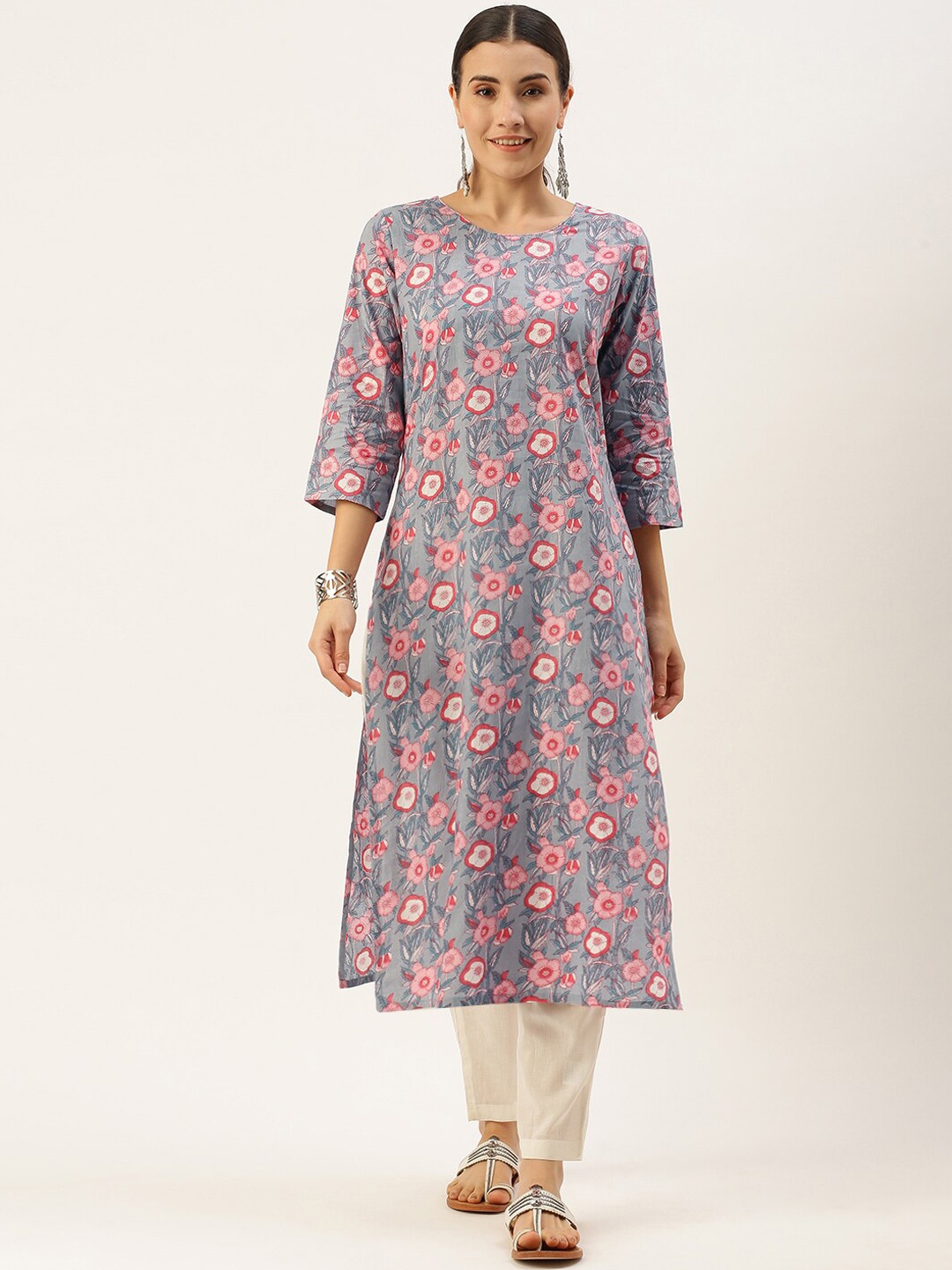 

KALINI Floral Printed Regular Pure Cotton Kurta with Trousers, Grey