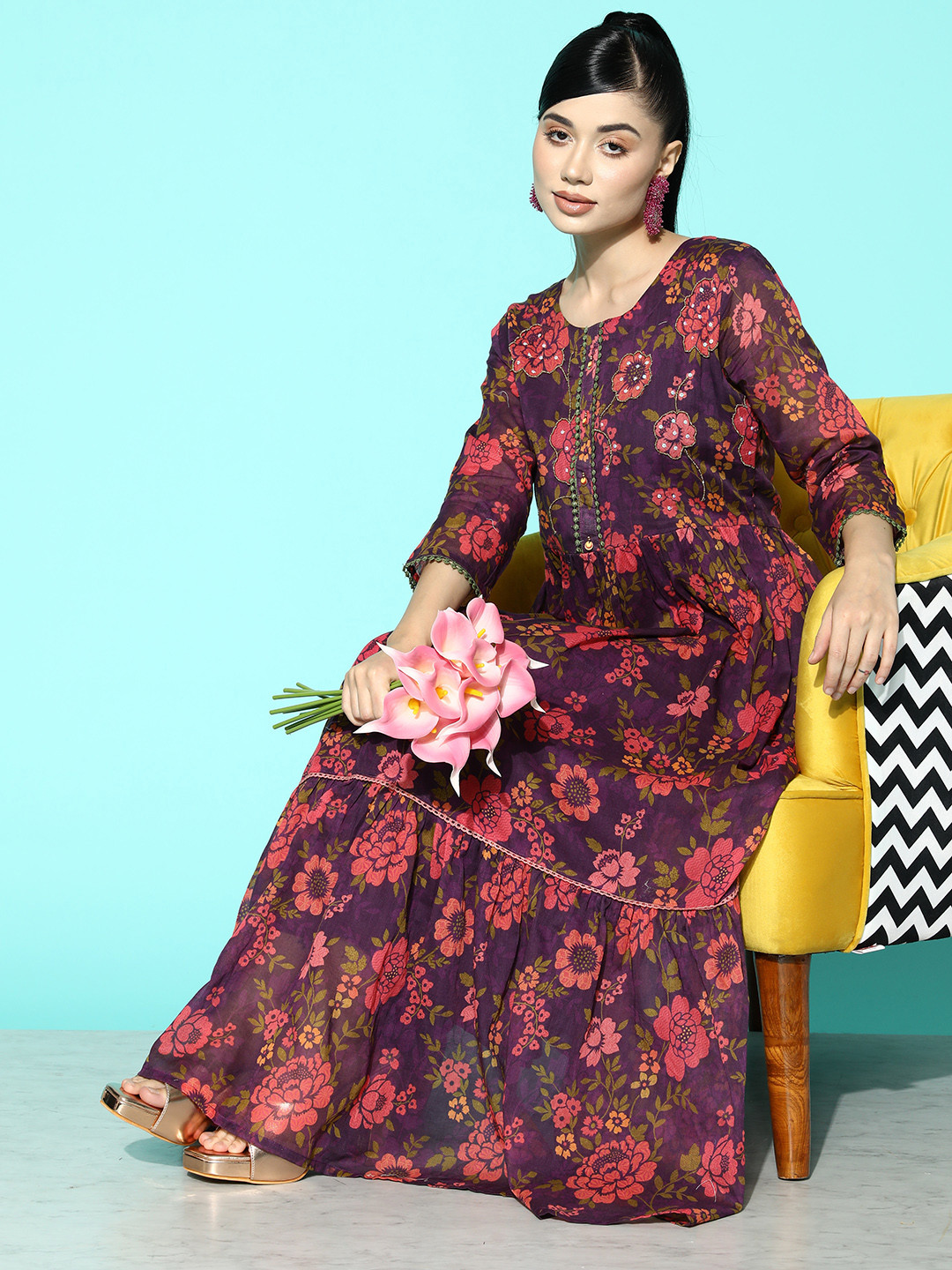 

Varanga Floral Print A-Line Cotton Maxi Dress, Maroon