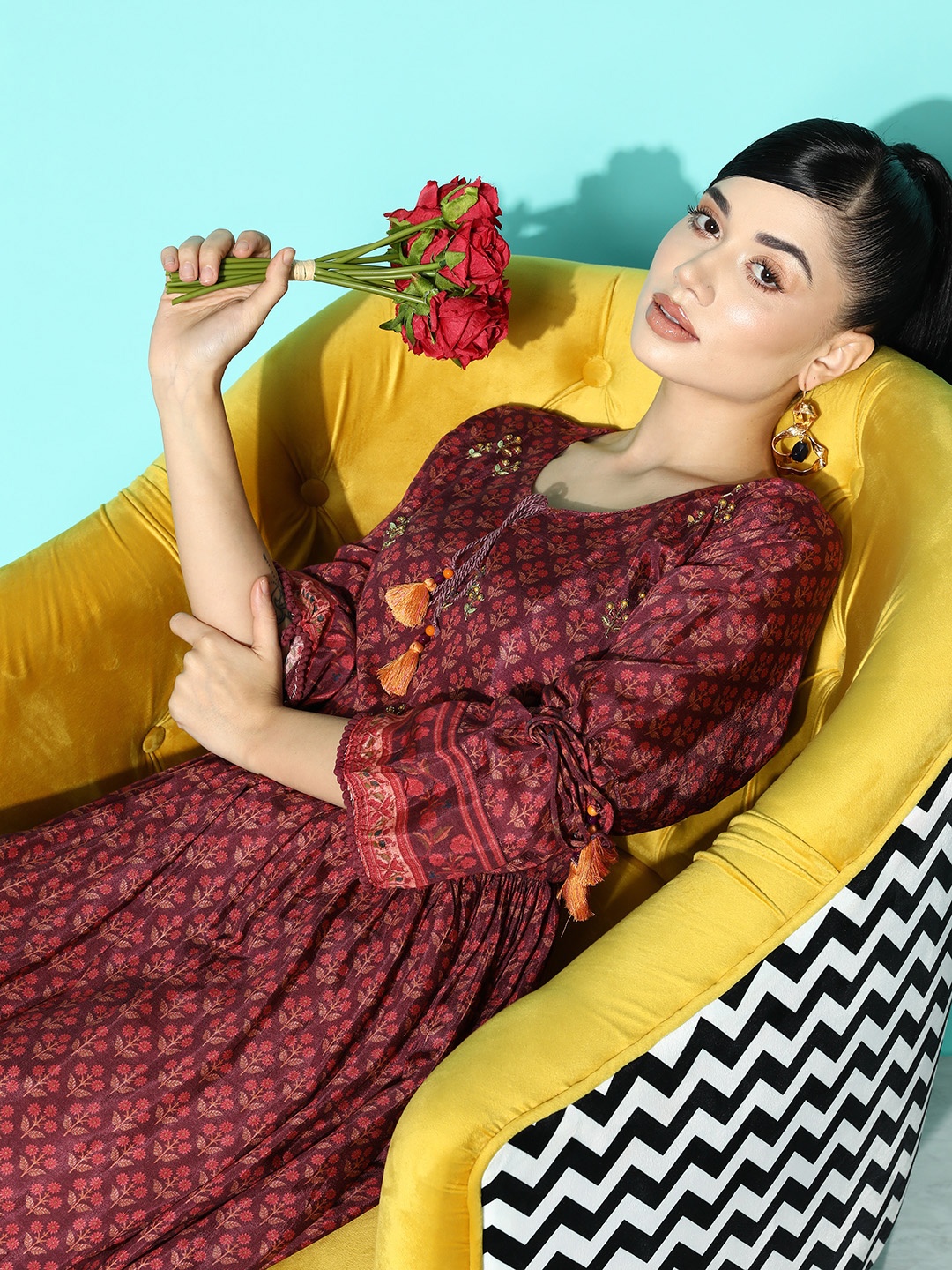 

Varanga Floral Print Tie-Up Neck A-Line Cotton Maxi Dress, Maroon