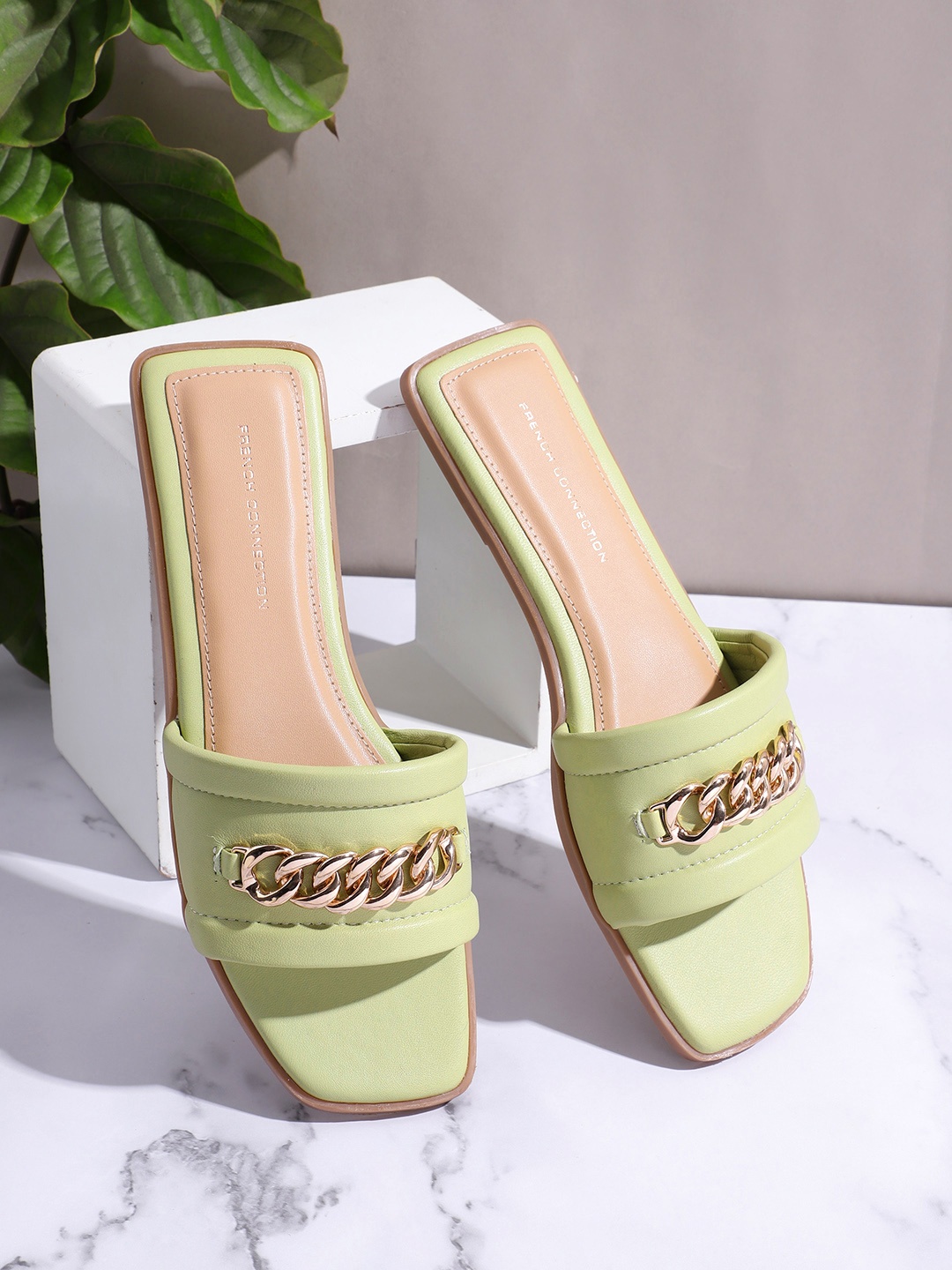 

French Connection Women Chain Detail Open Toe Flats, Sea green
