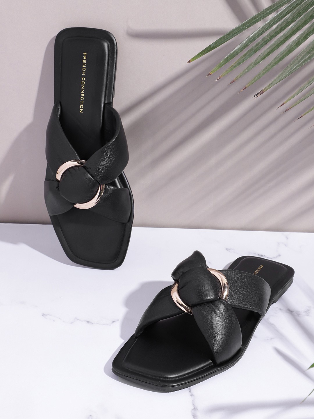 

French Connection Women Open Toe Flats With Metallic Detail, Black