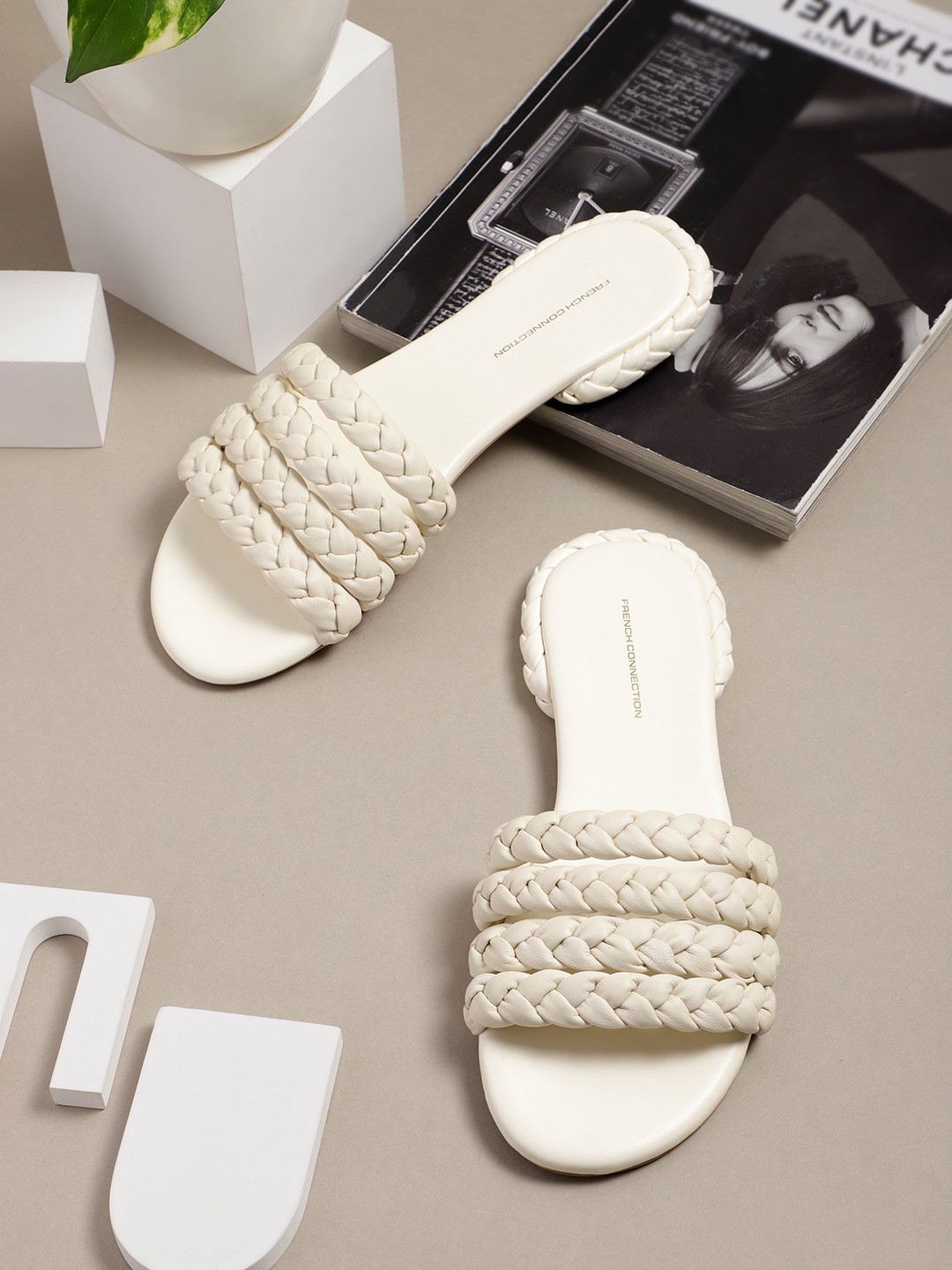 

French Connection Women Woven Design Open Toe Flats, White