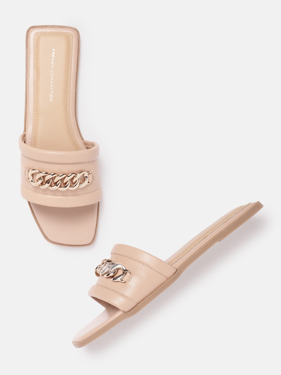 

French Connection Women Chain Detail Open Toe Flats, Nude