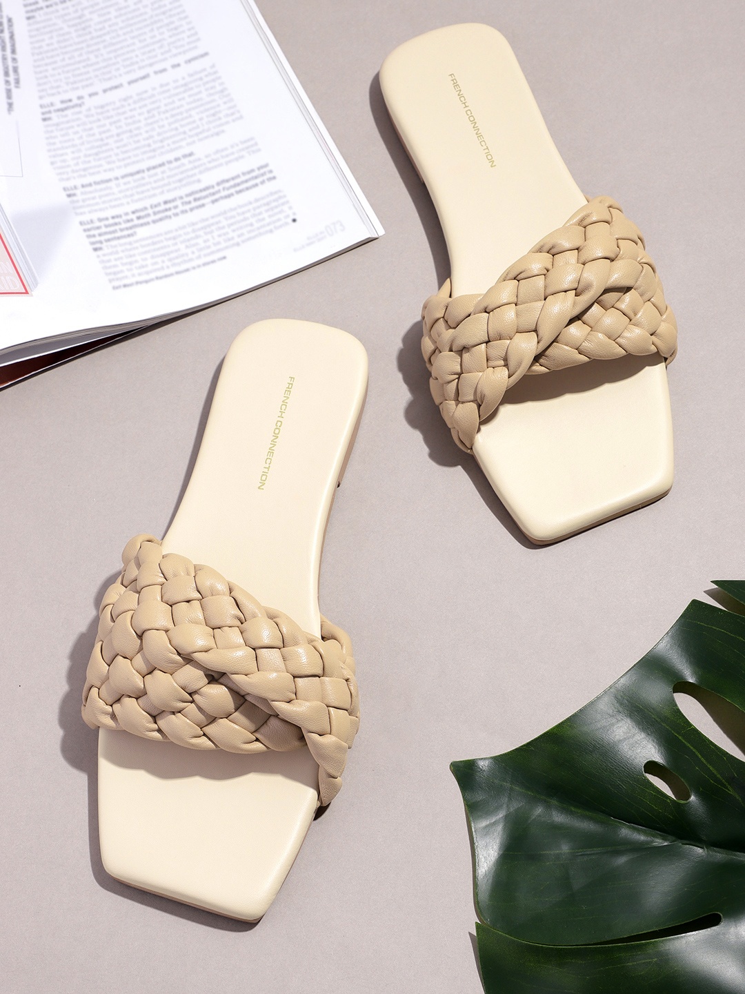 

French Connection Women Woven Design Open Toe Flats, Off white