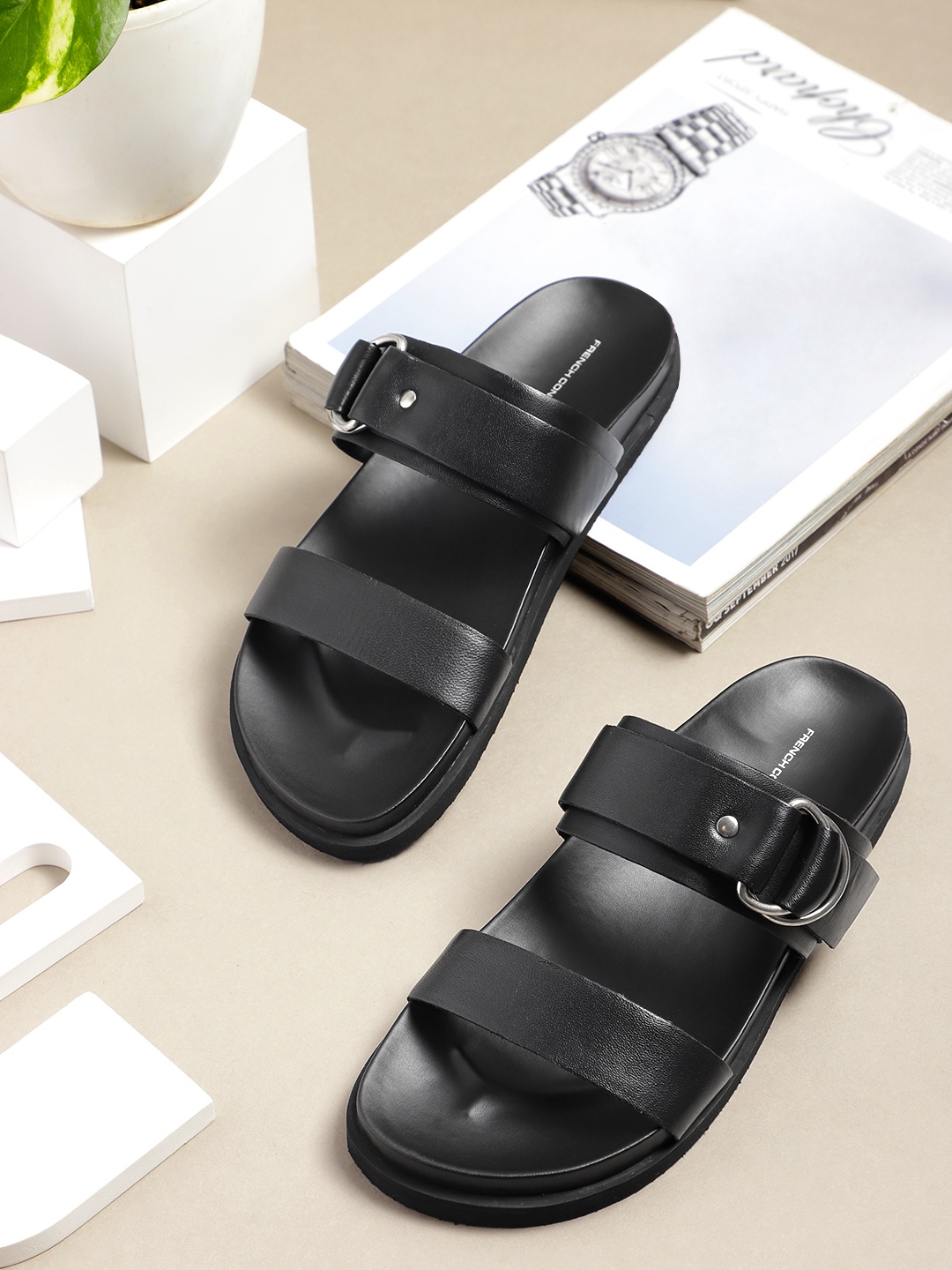 

French Connection Women Buckle Detail Open Toe Flats, Black