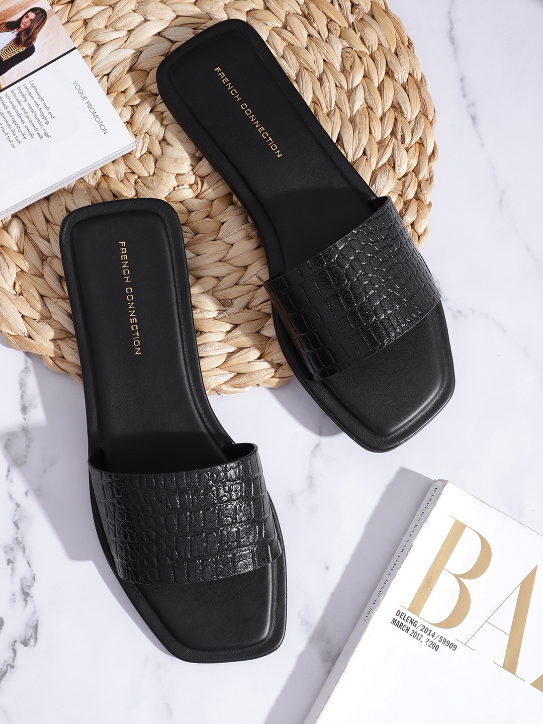 

French Connection Women Corc Textured Open Toe Flats, Black