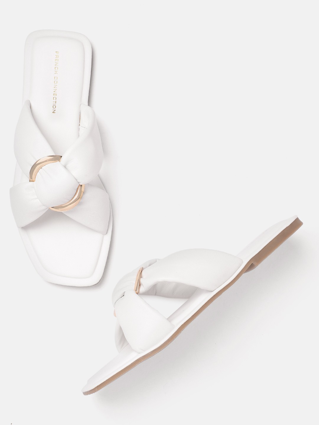 

French Connection Women Cross-Straps Open Toe Flats with Knot Detail, White