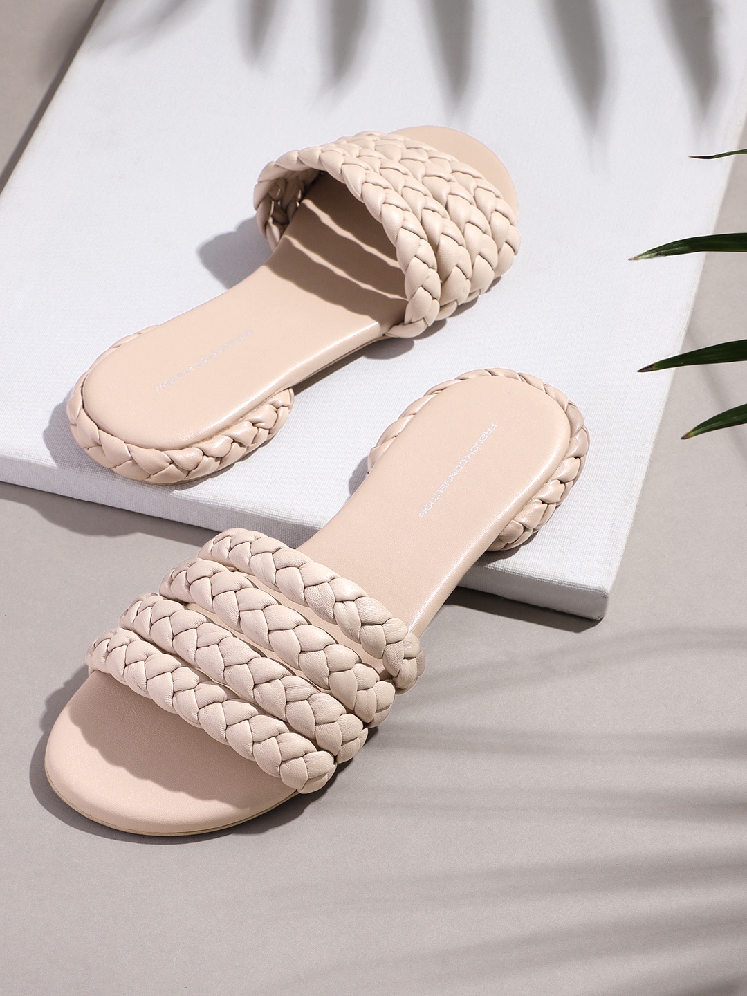 

French Connection Women Woven Design Open Toe Flats, Beige