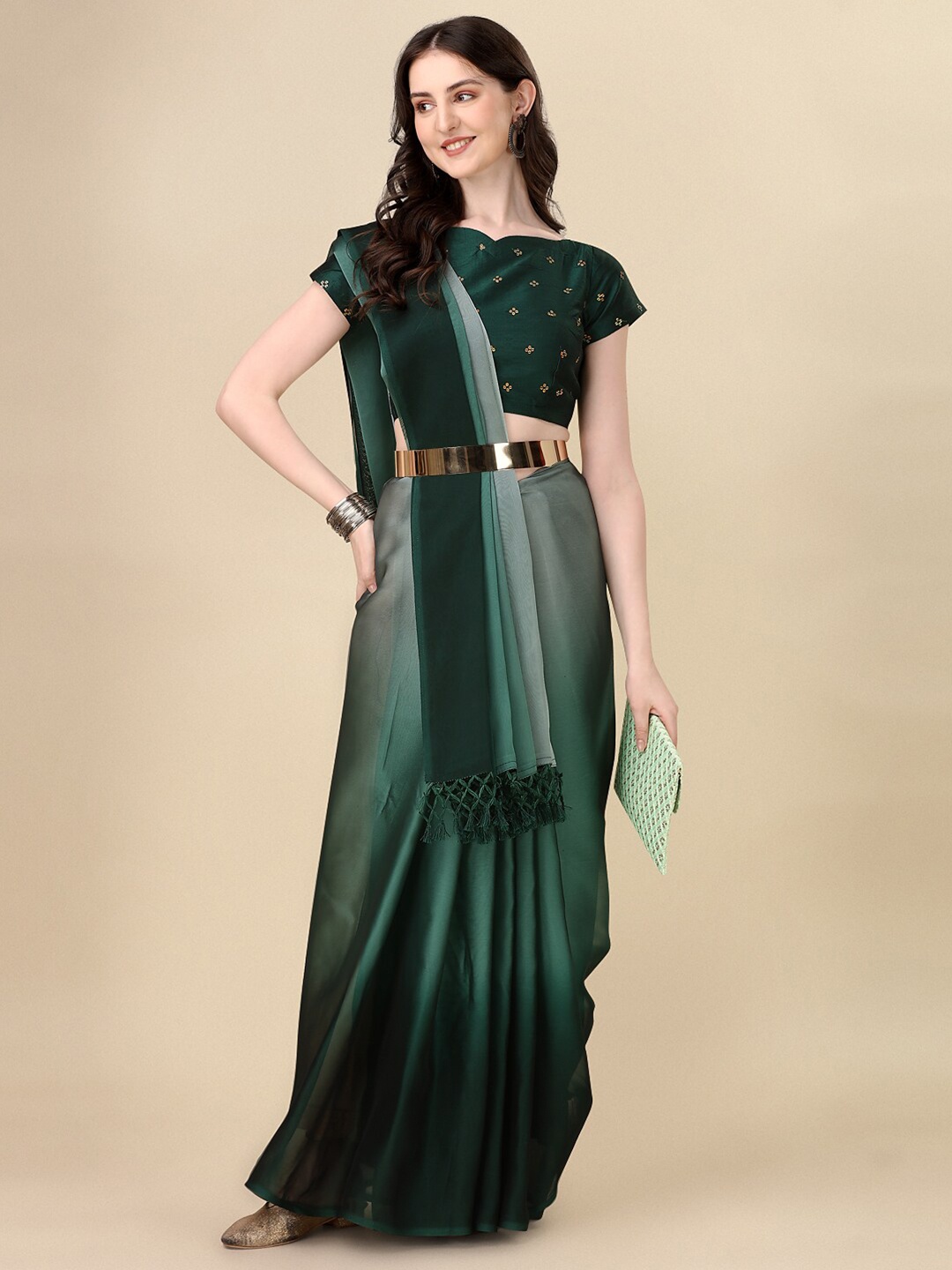 

Mitera Green Dyed Tasseled Silk Blend Saree