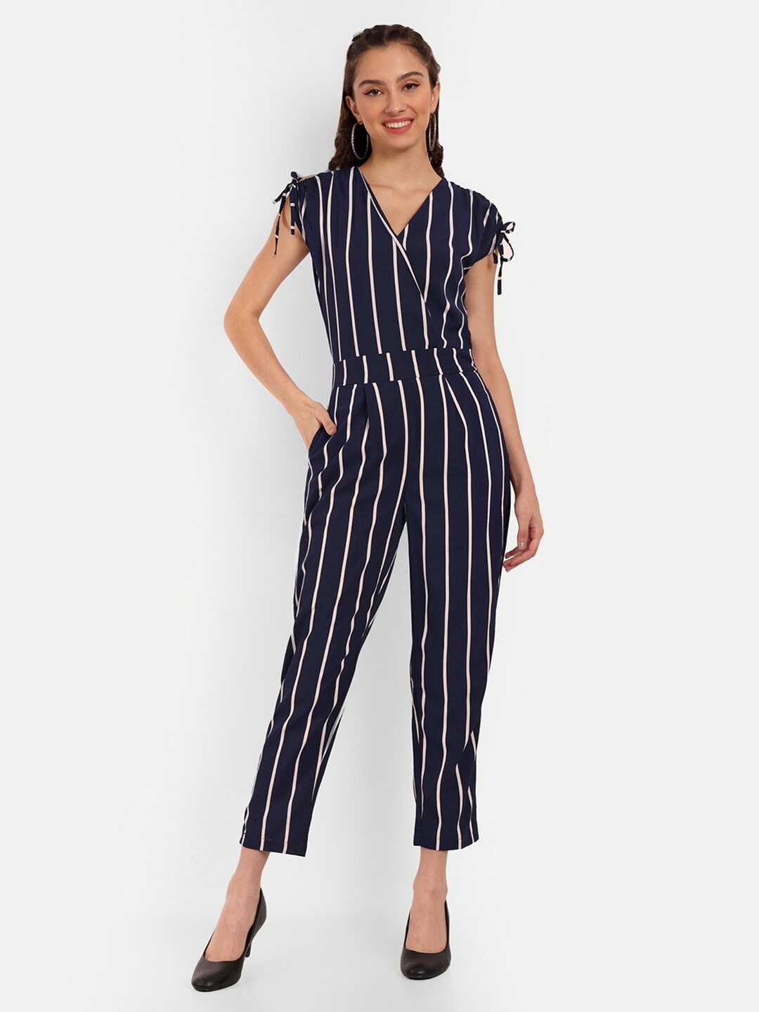 

OTORVA Striped V-Neck Basic Jumpsuit, Navy blue