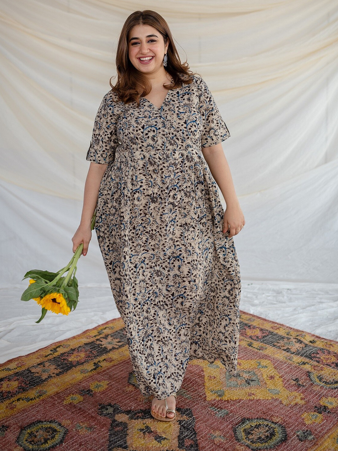 

THE INDIAN ETHNIC CO Floral Printed V-Neck Rolled-Up Sleeves Cotton Maxi Dress, Beige