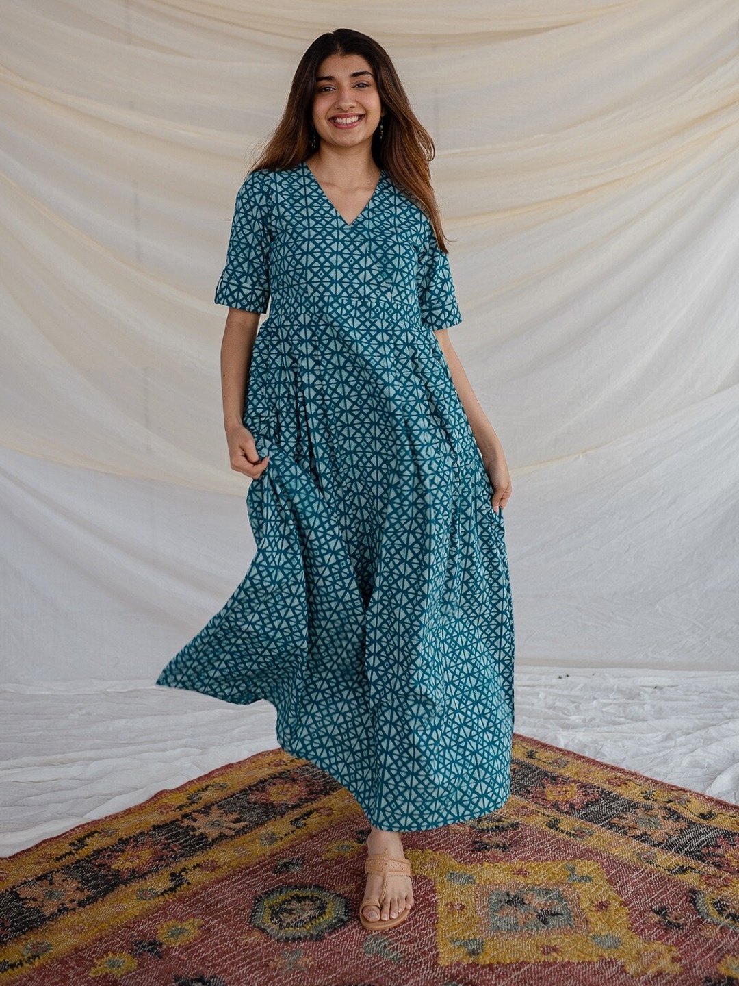 

THE INDIAN ETHNIC CO Geometric Printed Cotton Casual Maxi Dress, Teal