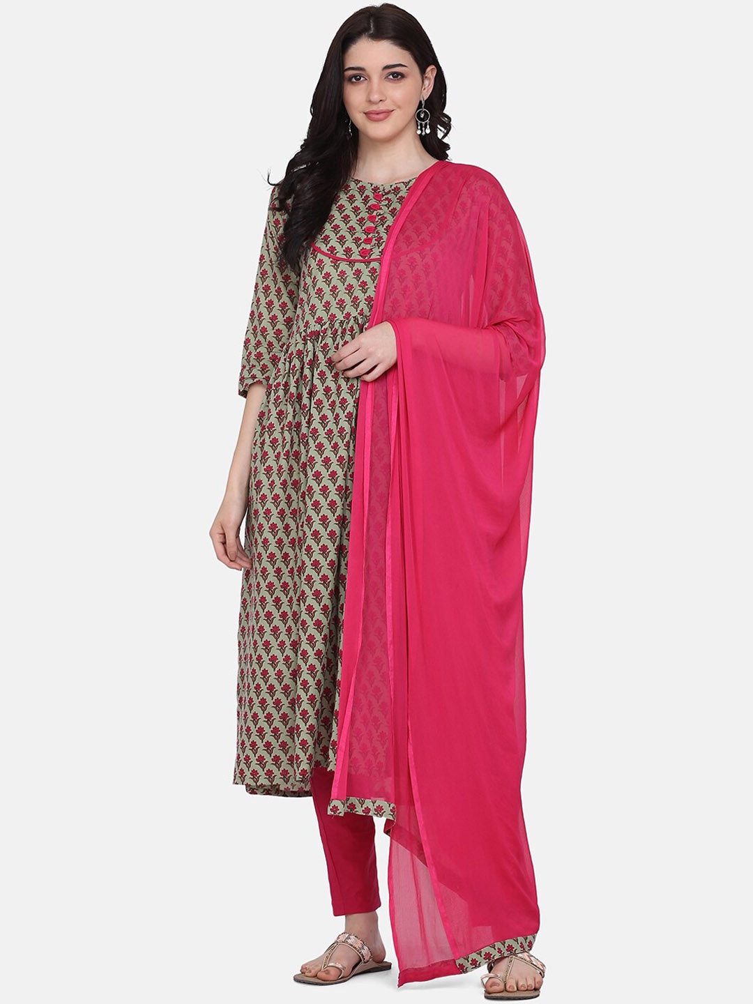 

Saanjh Green & Pink Ethnic Motifs Printed Pure Cotton Kurta With Trousers & Dupatta