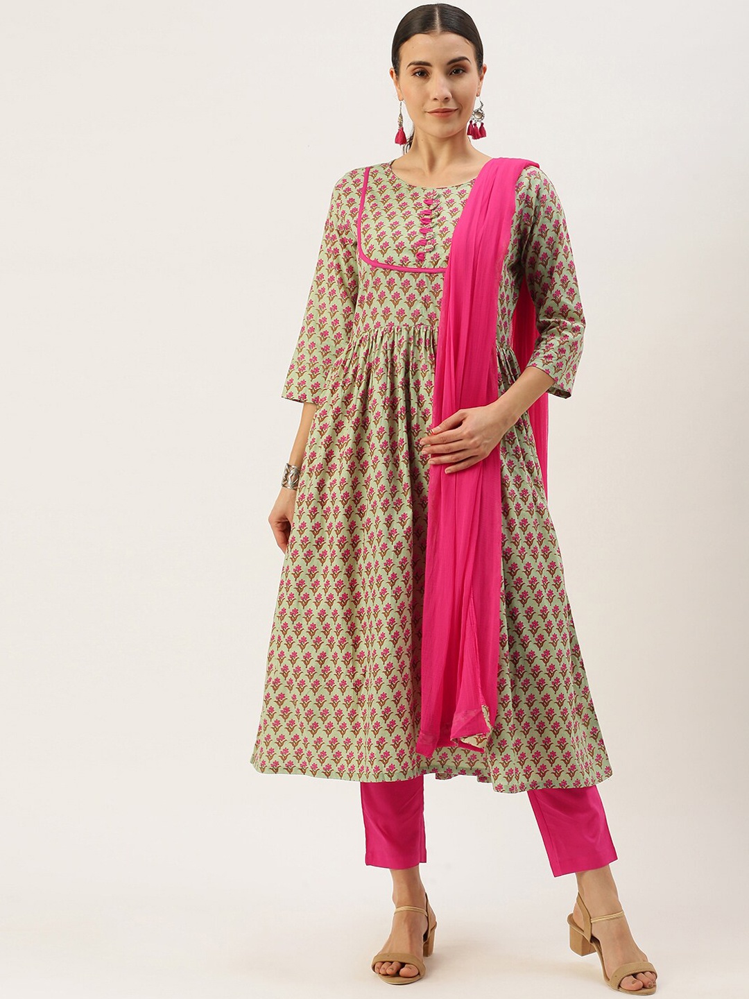 

Saanjh Green & Pink Ethnic Motifs Printed Pure Cotton Kurta & Trousers With Dupatta