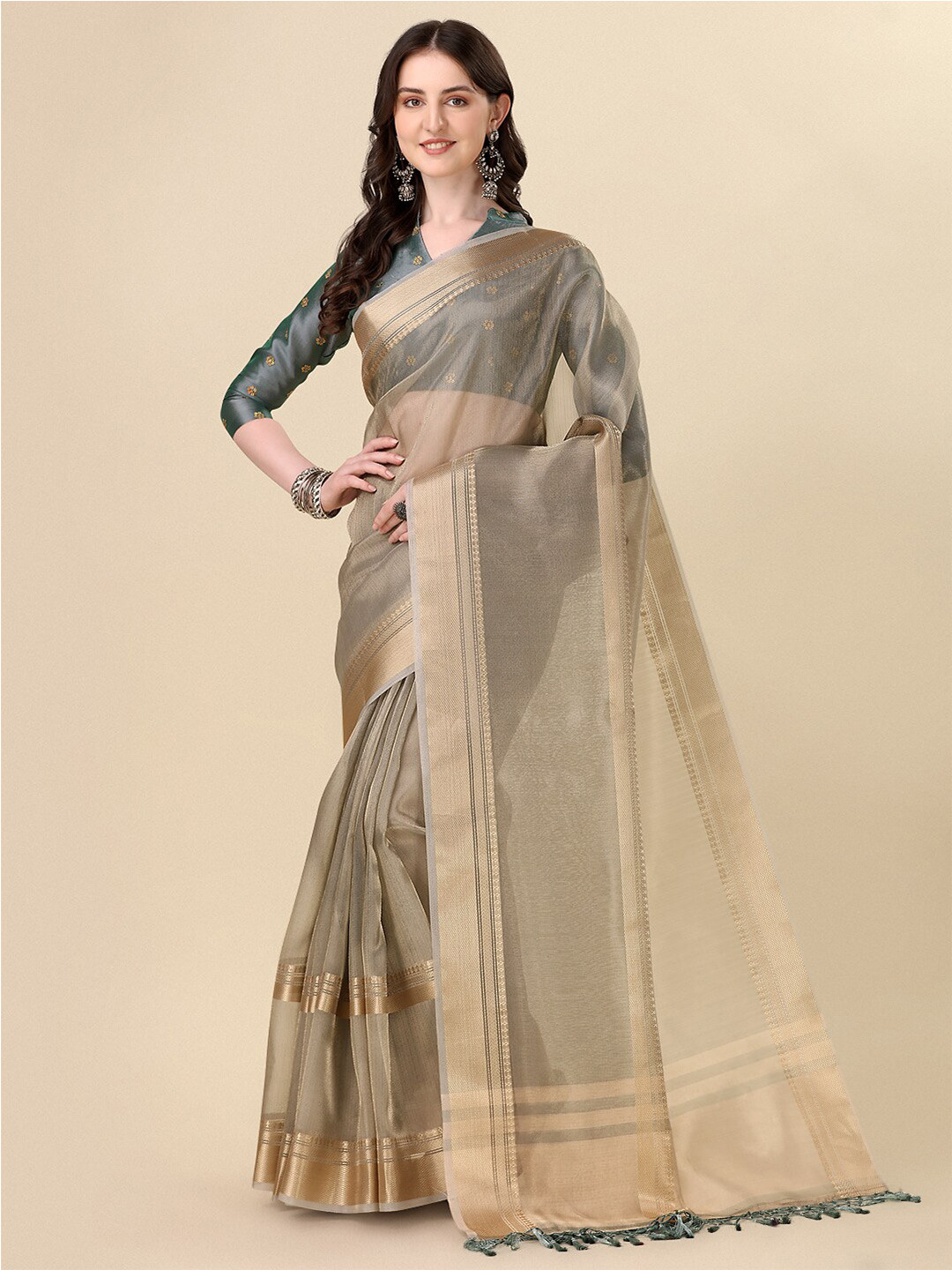 

Mitera Beige & Gold-Toned Zari Silk Blend Saree