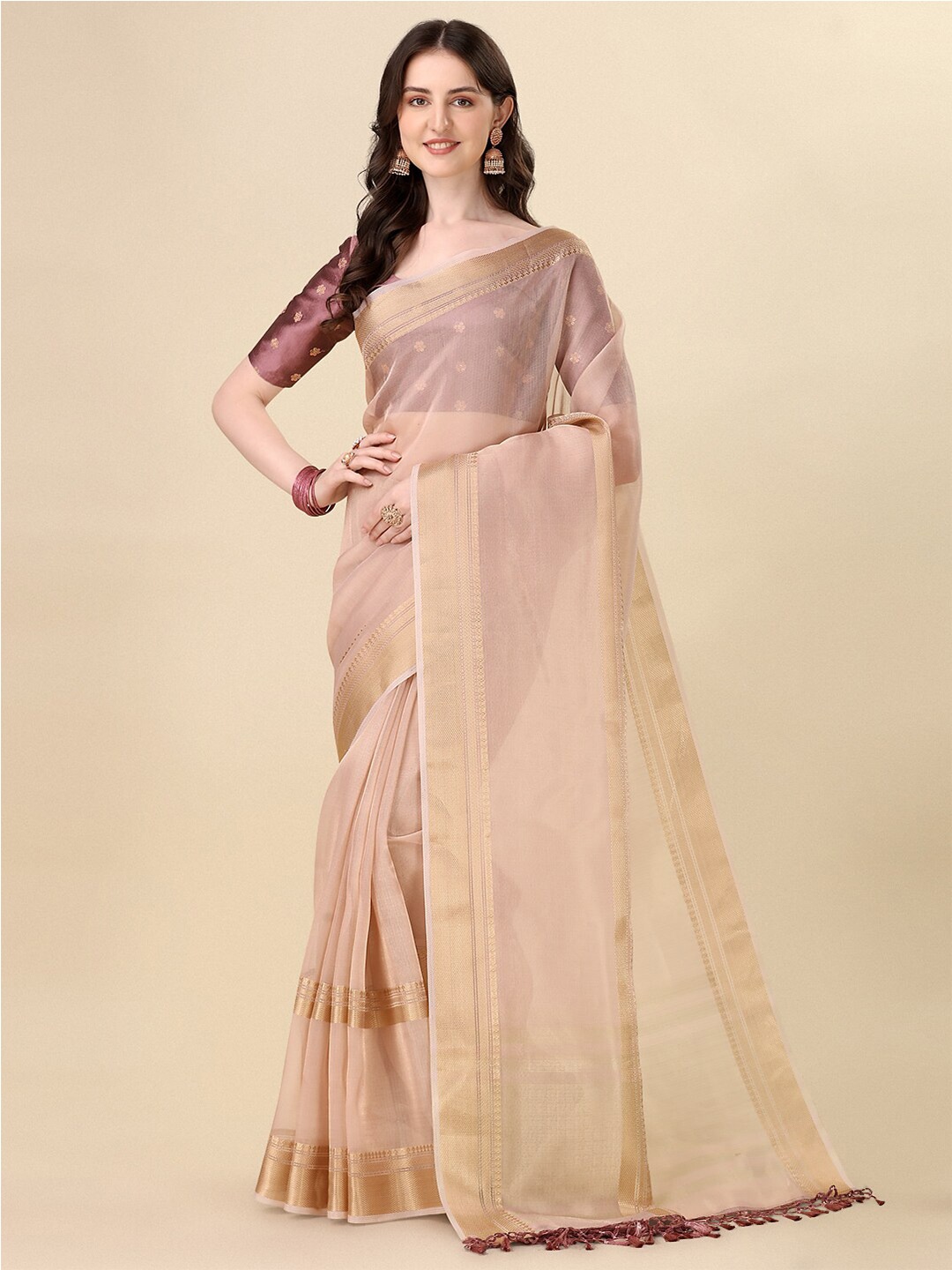

Mitera Beige & Gold-Toned Wovn Design Zari Saree