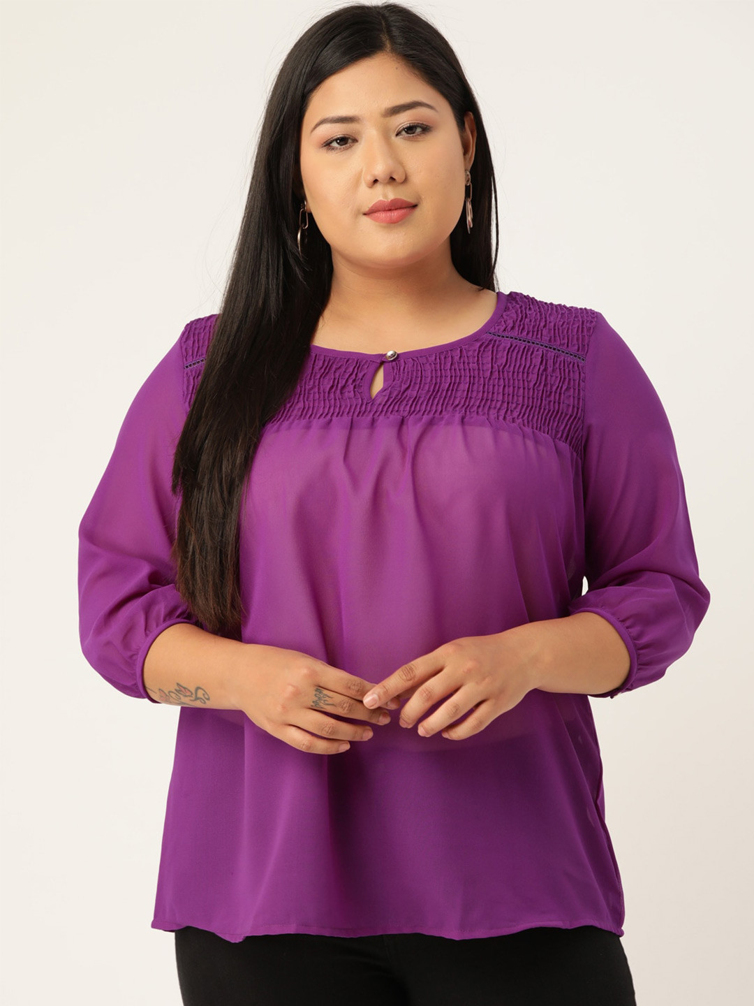 

theRebelinme Keyhole Neck Smocked Georgette Top, Purple
