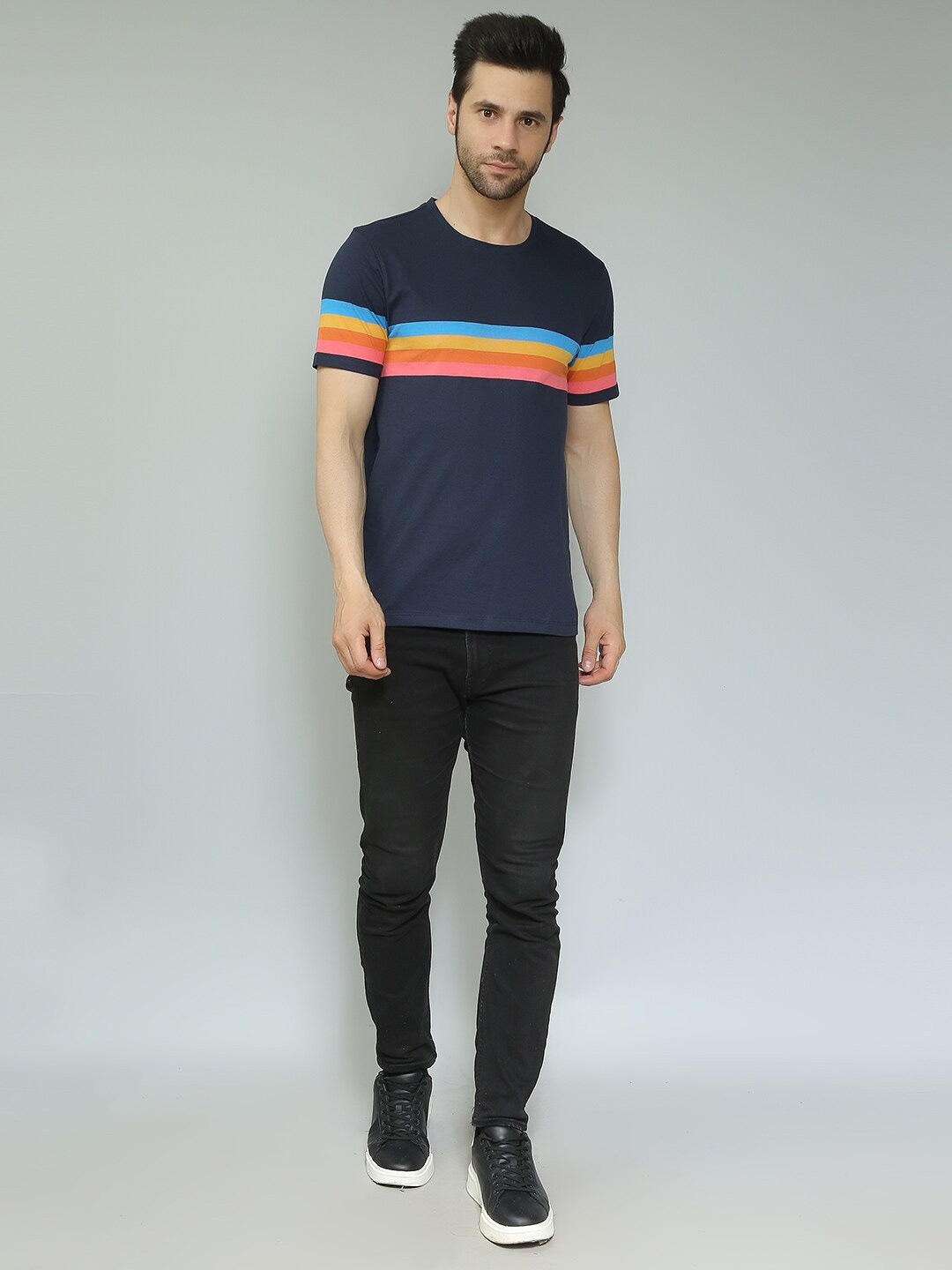 

Mast & Harbour Blue Striped Round Neck T-shirt