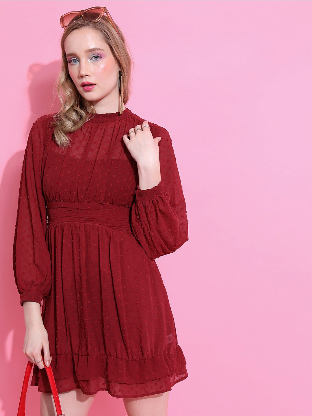 

KETCH High Neck Puff Sleeves Gathered Detail Fit & Flare Dress, Maroon